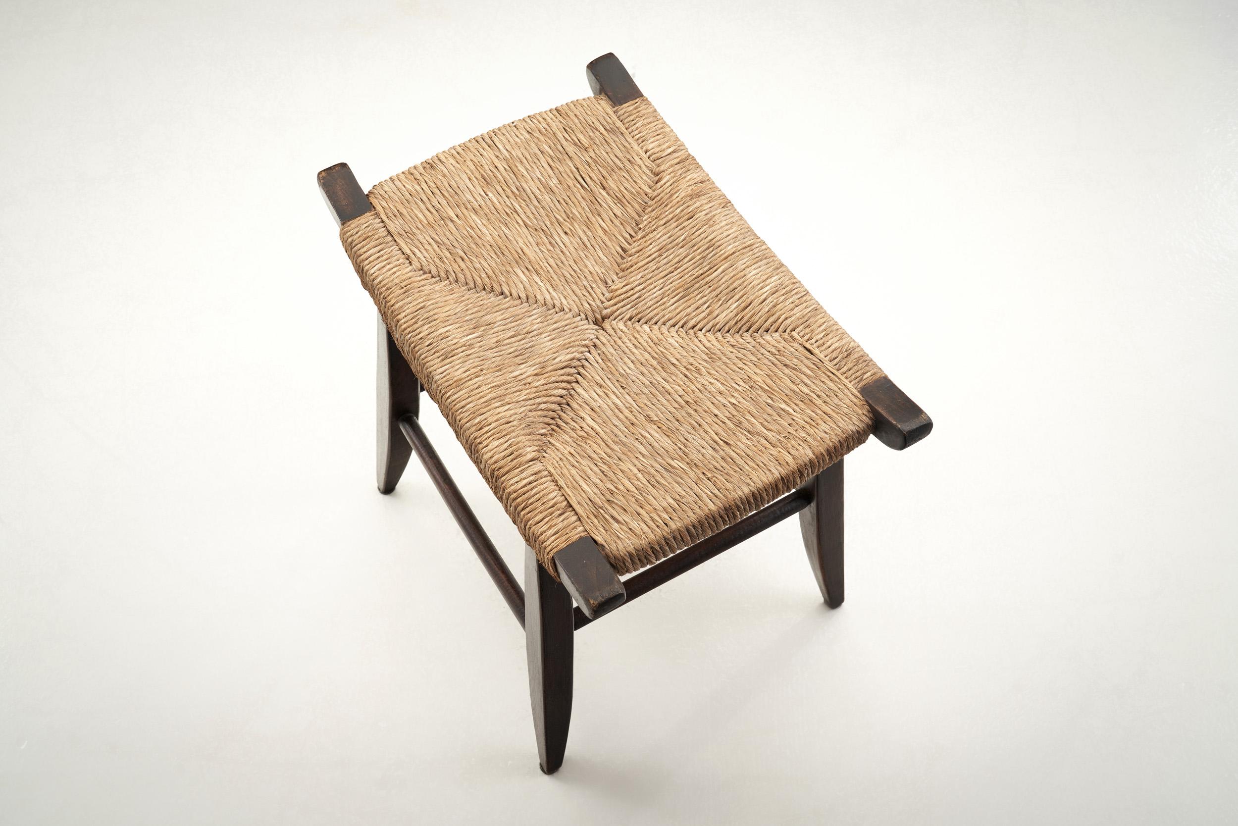 Midcentury Papercord and Dark Stained Wood Stool, Europe Ca 1960s 7