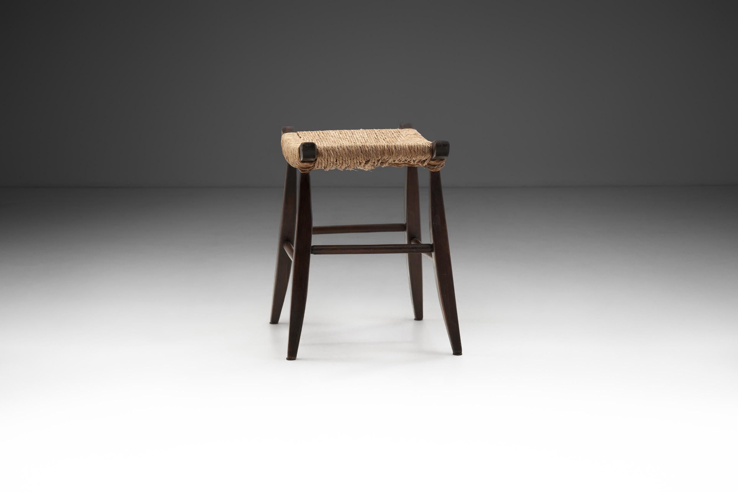 European Midcentury Papercord and Dark Stained Wood Stool, Europe Ca 1960s