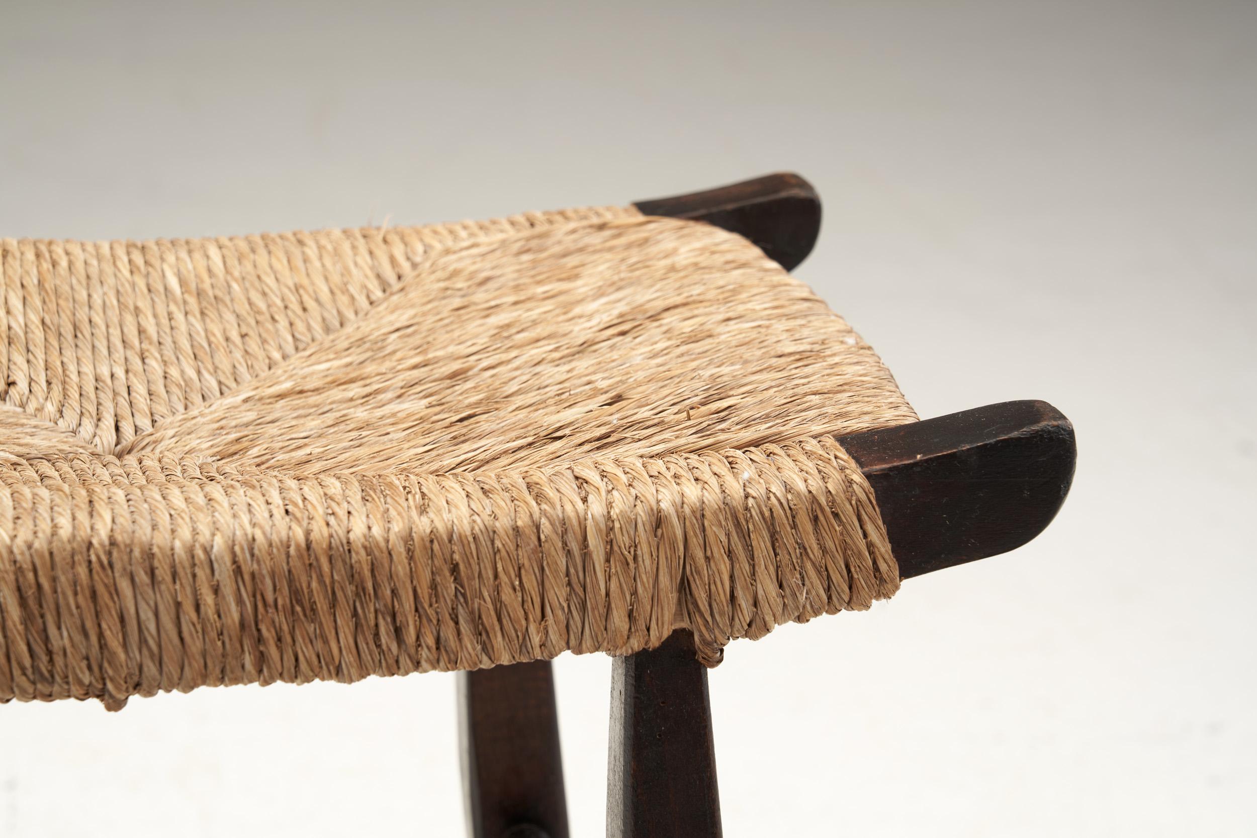Mid-20th Century Midcentury Papercord and Dark Stained Wood Stool, Europe Ca 1960s