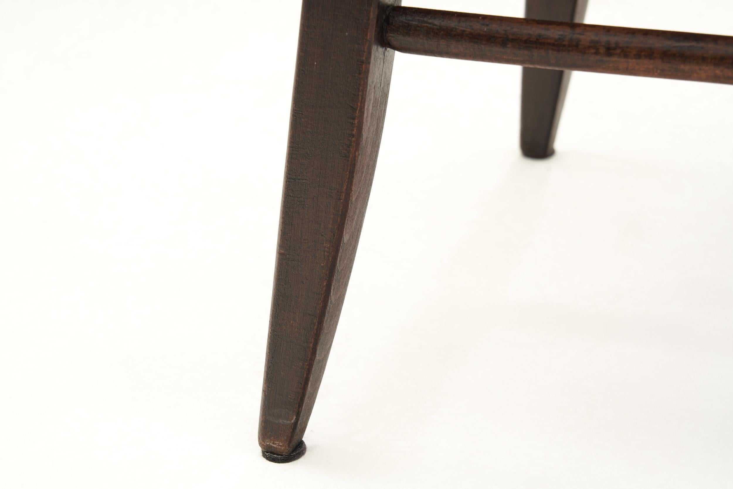 Midcentury Papercord and Dark Stained Wood Stool, Europe Ca 1960s 2