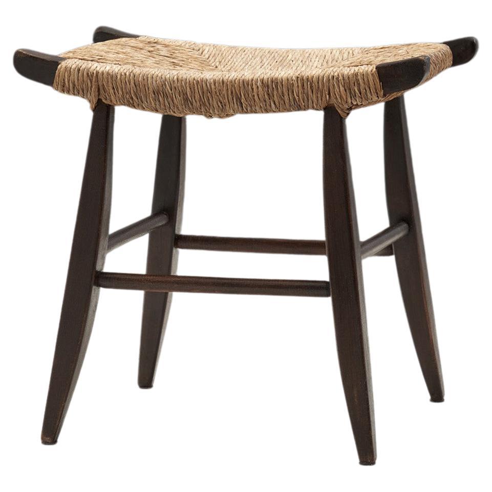 Midcentury Papercord and Dark Stained Wood Stool, Europe Ca 1960s
