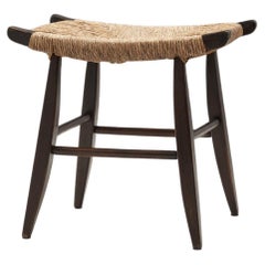 Midcentury Papercord and Dark Stained Wood Stool, Europe Ca 1960s