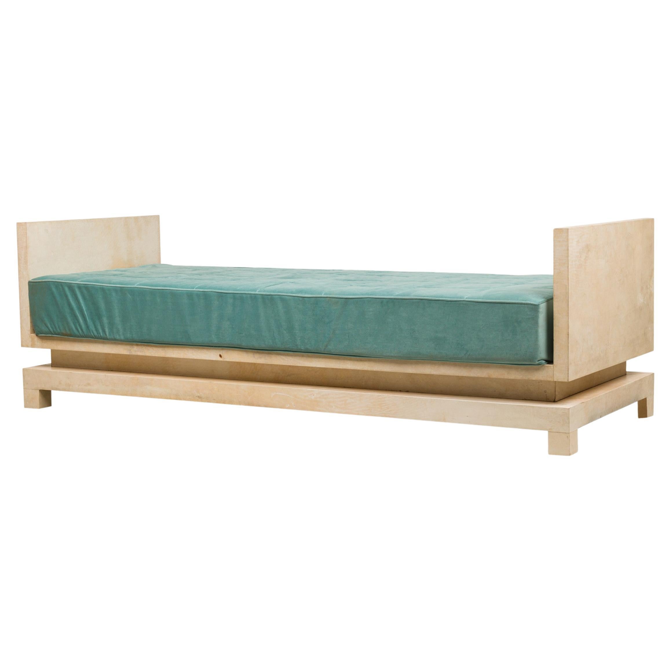 Midcentury Parchment and Teal Upholstered Daybed, Manner of Samuel Marx For Sale