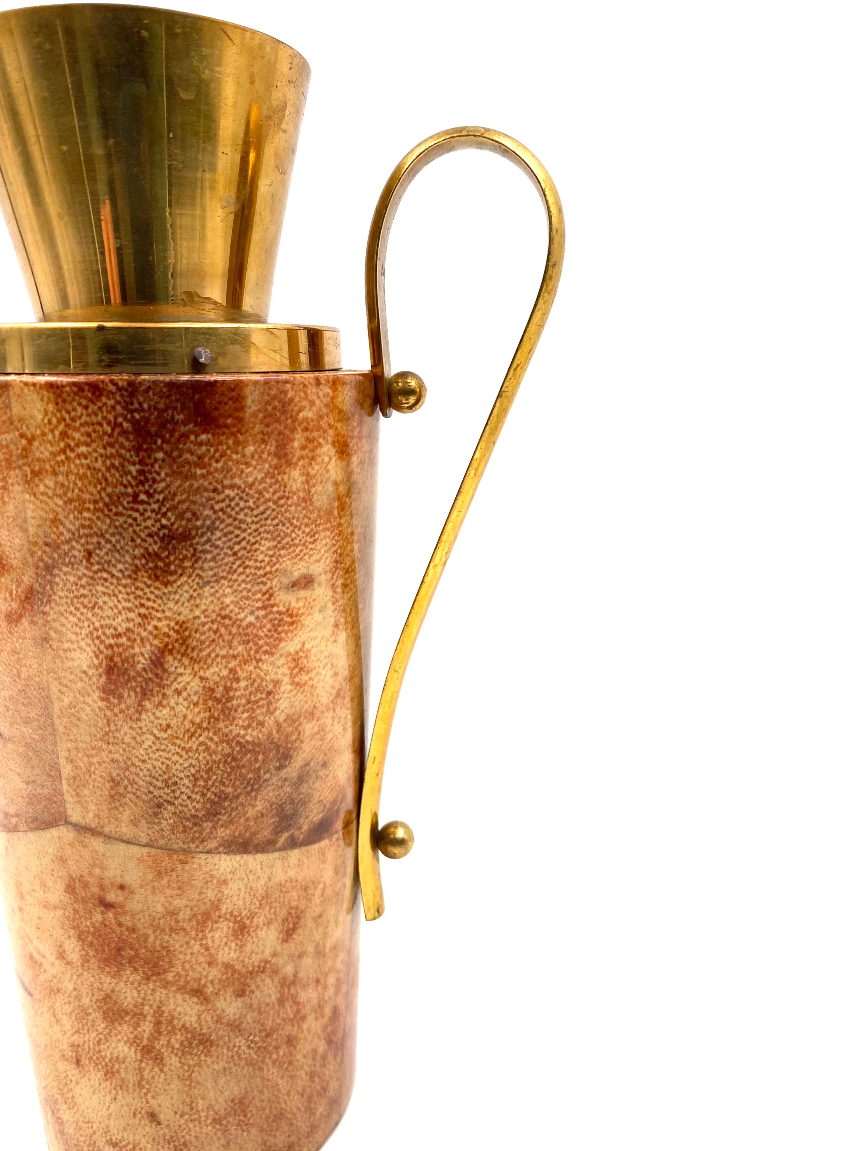 Brass Mid-century parchment Barware thermos, Aldo Tura, Macabo Italy early 1950s For Sale