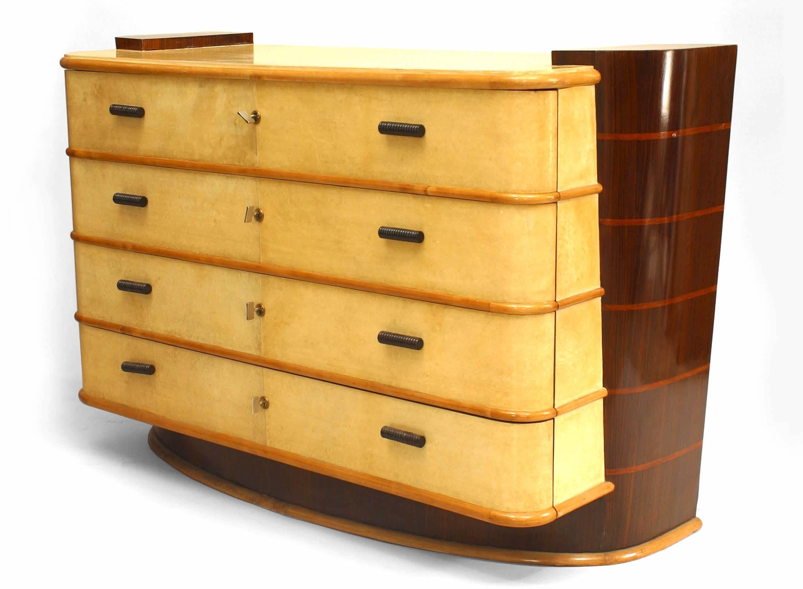 Italian 1940s parchment veneer chest of drawers with rosewood & banded inlaid mahogany sides & platform top sections with maple trimmed drawers (design attributed to PAOLO BUFFA) (probably made by OSVALDO BORSANI)
