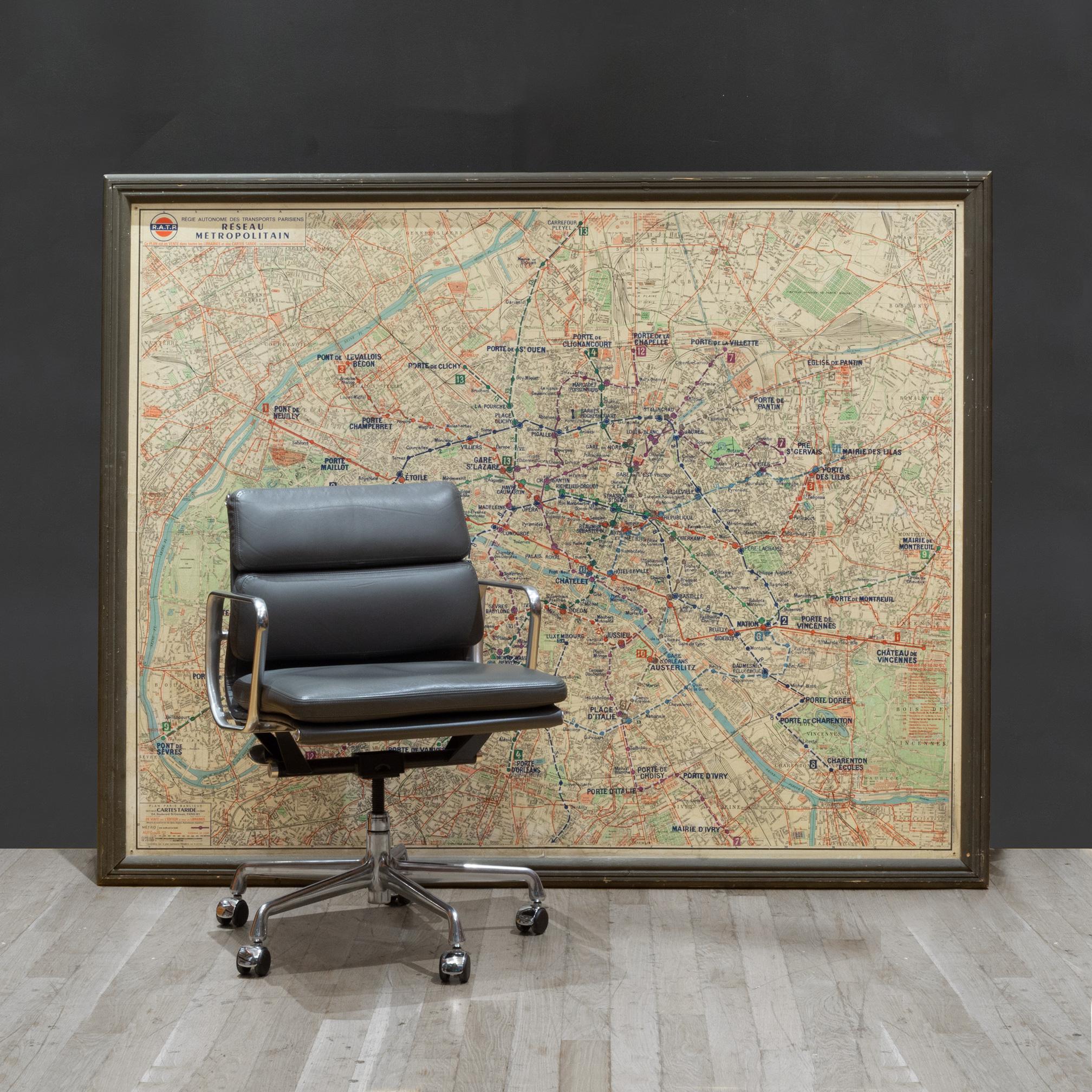 ABOUT

A framed mid-century map of the Paris metro system. 

    CREATOR Gaillac-Monroco & Co., Paris, France. 
    DATE OF MANUFACTURE c.1966. 
    MATERIALS AND TECHNIQUES Wood, Paper.
    CONDITION Good. Wear consistent with age and use. Four