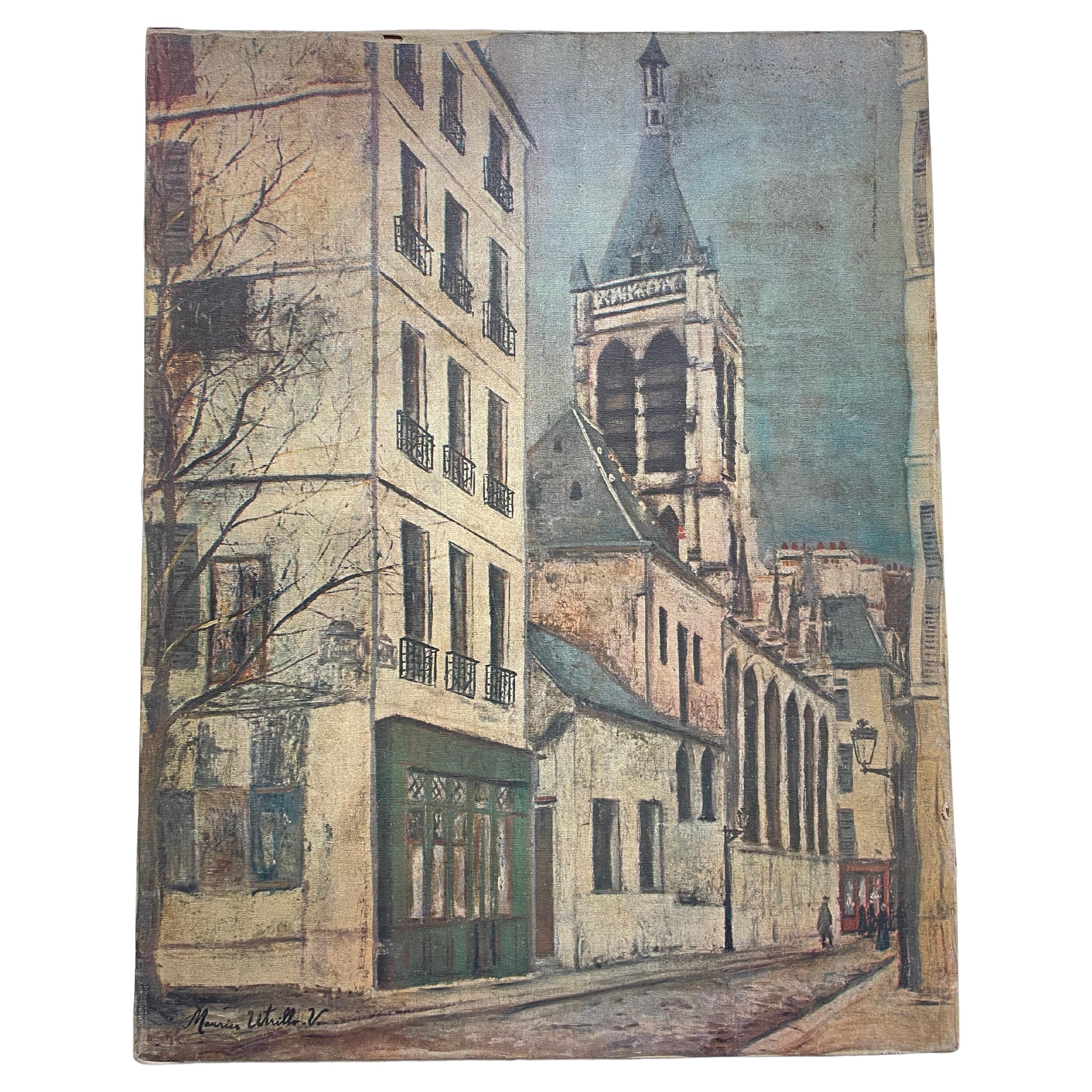 Mid Century Paris Street Scene Leinwand  Nach Maurice Utrillo  Vintage Französisch