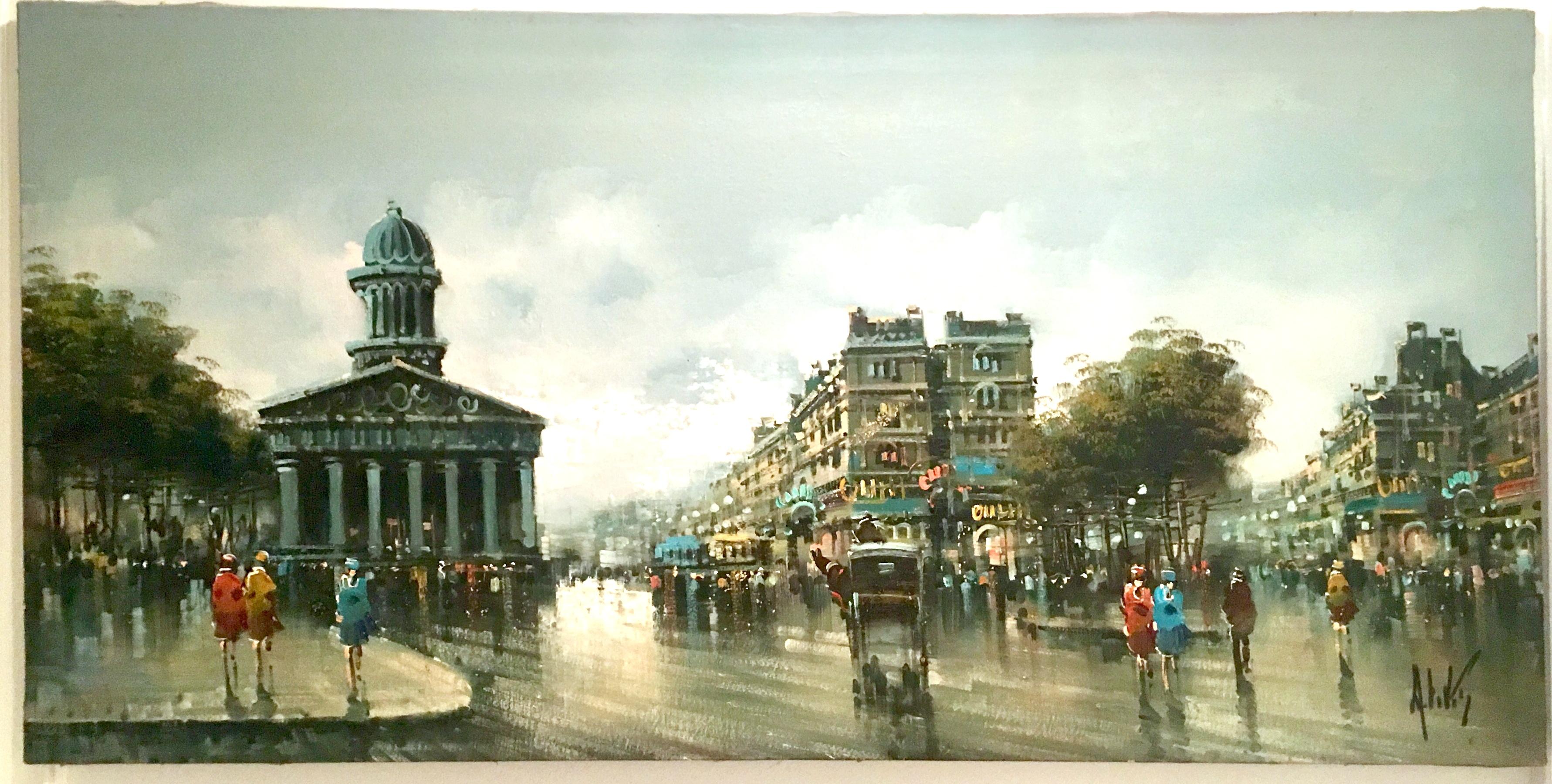 Mid-20th century original oil on canvas painting by, Antonio DeVity. This large scale Paris street scene and one of a kind, signed piece of art is stretched on wood back and signed front lower right, A. DeVity. Signed on the reverse, Studio D' Arte,