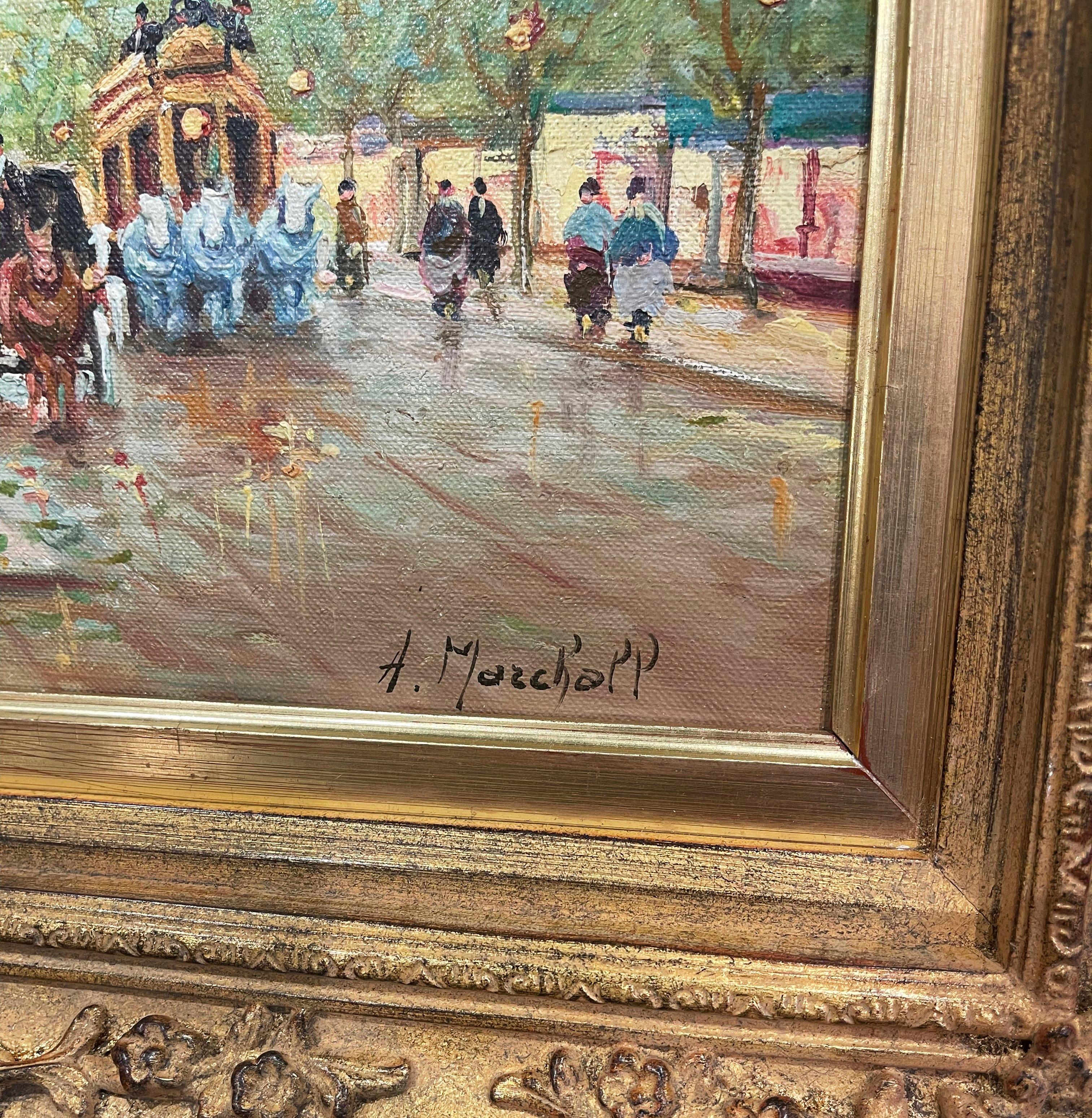 Peinture à l'huile de rue parisienne du milieu du siècle dernier dans un cadre sculpté et doré signé a. Marchall en vente 3