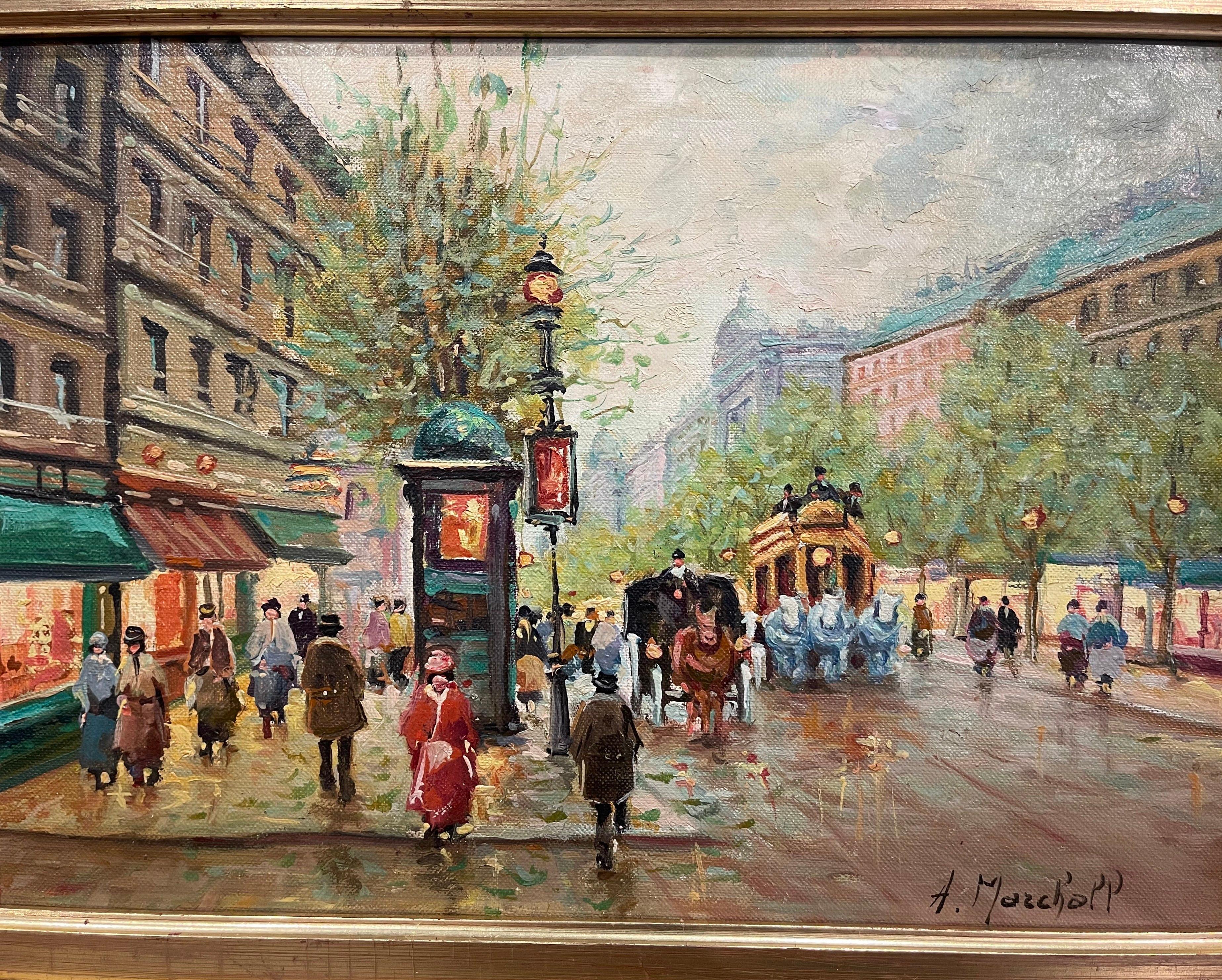 Français Peinture à l'huile de rue parisienne du milieu du siècle dernier dans un cadre sculpté et doré signé a. Marchall en vente