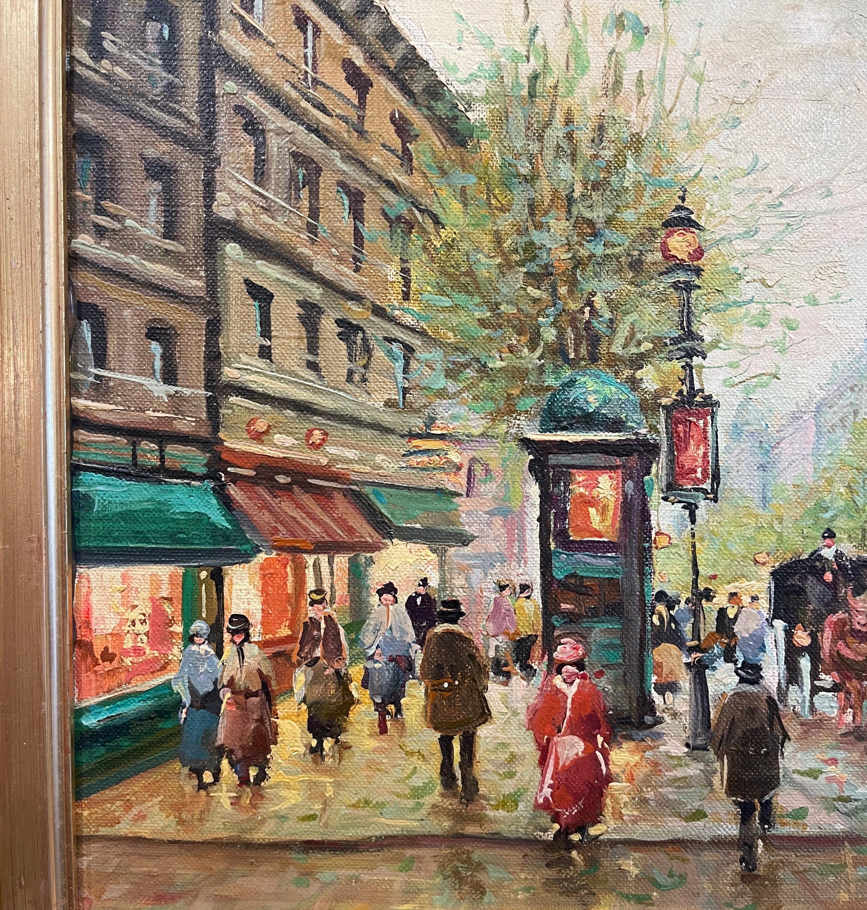 Midcentury Parisian Street Oil Painting in Carved Gilt Frame Signed a. Marchall In Excellent Condition For Sale In Dallas, TX