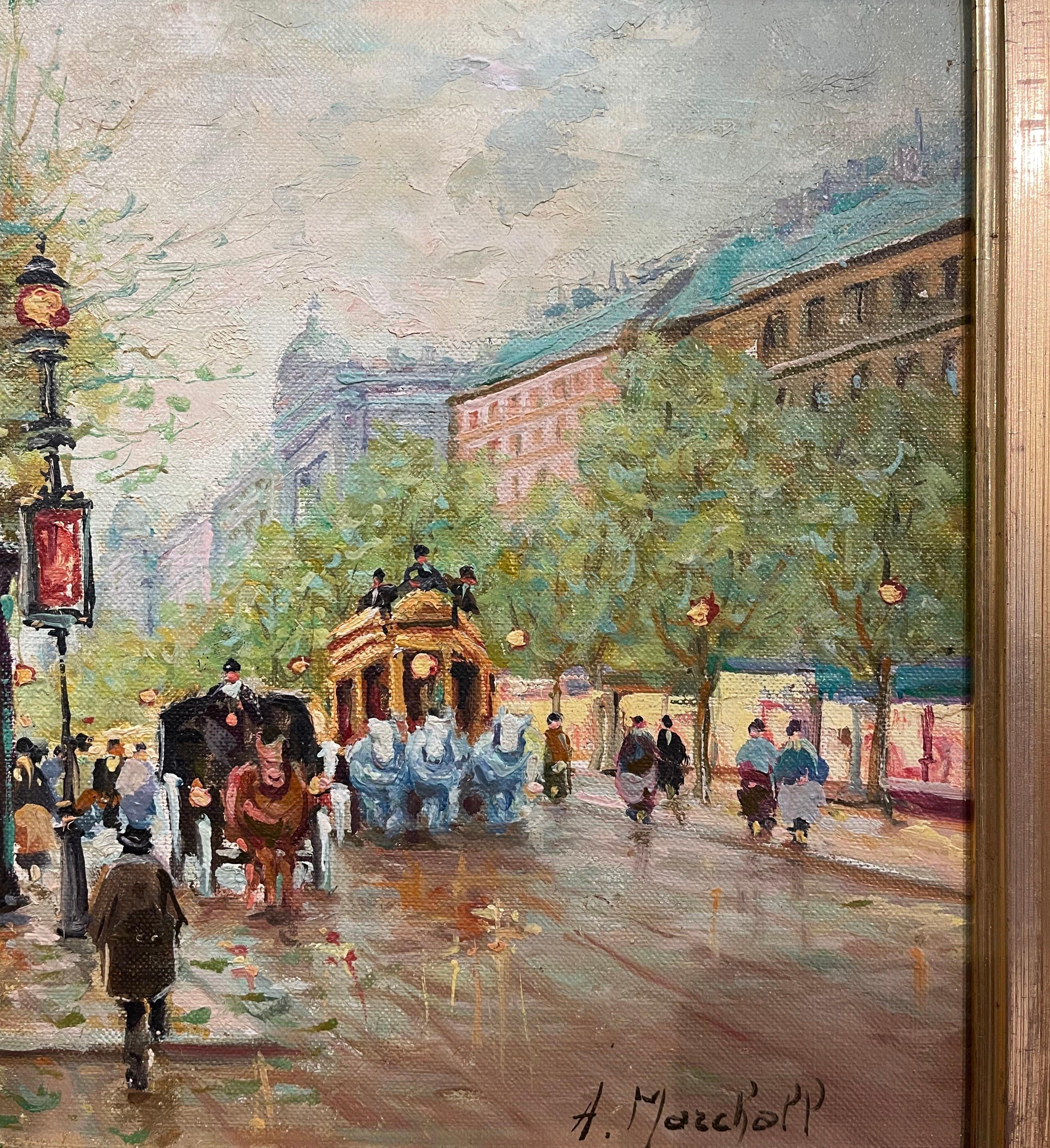 Peinture à l'huile de rue parisienne du milieu du siècle dernier dans un cadre sculpté et doré signé a. Marchall Excellent état - En vente à Dallas, TX