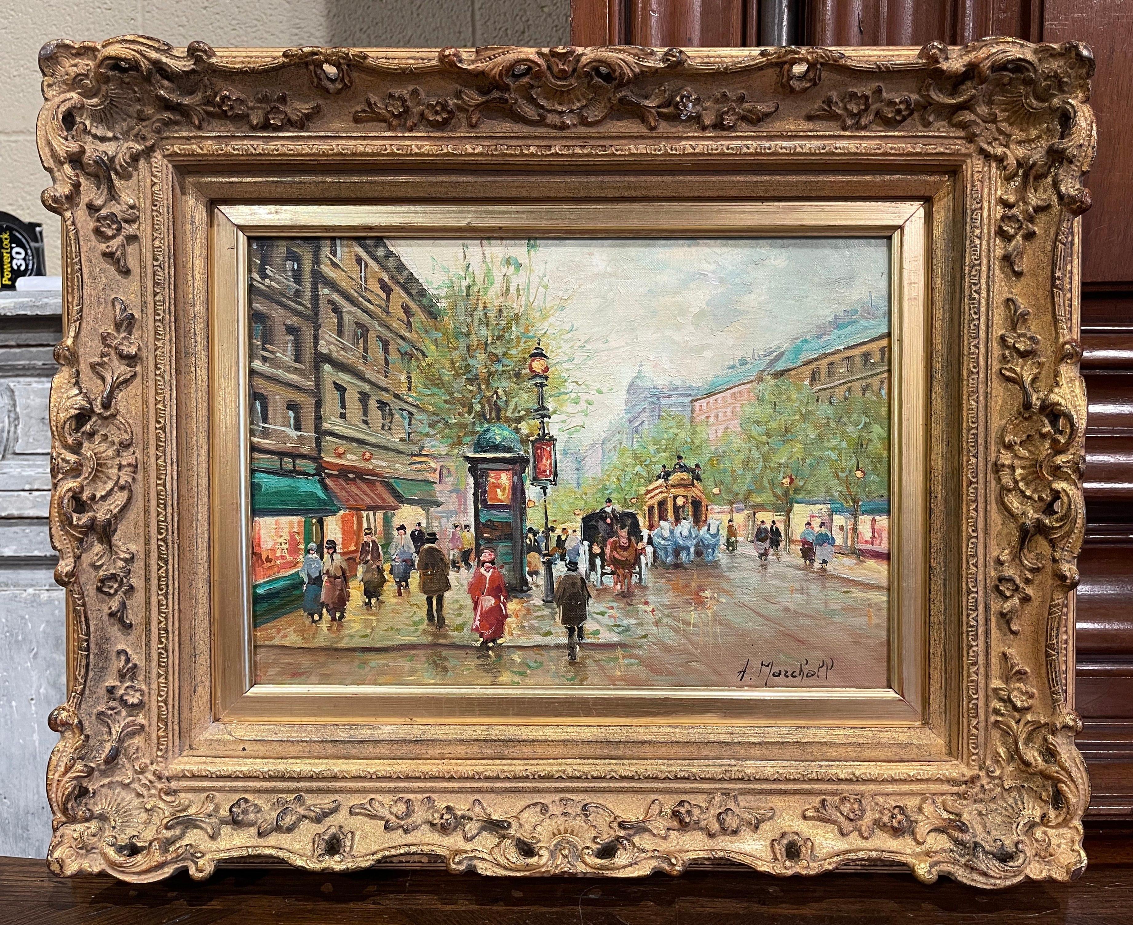 20ième siècle Peinture à l'huile de rue parisienne du milieu du siècle dernier dans un cadre sculpté et doré signé a. Marchall en vente