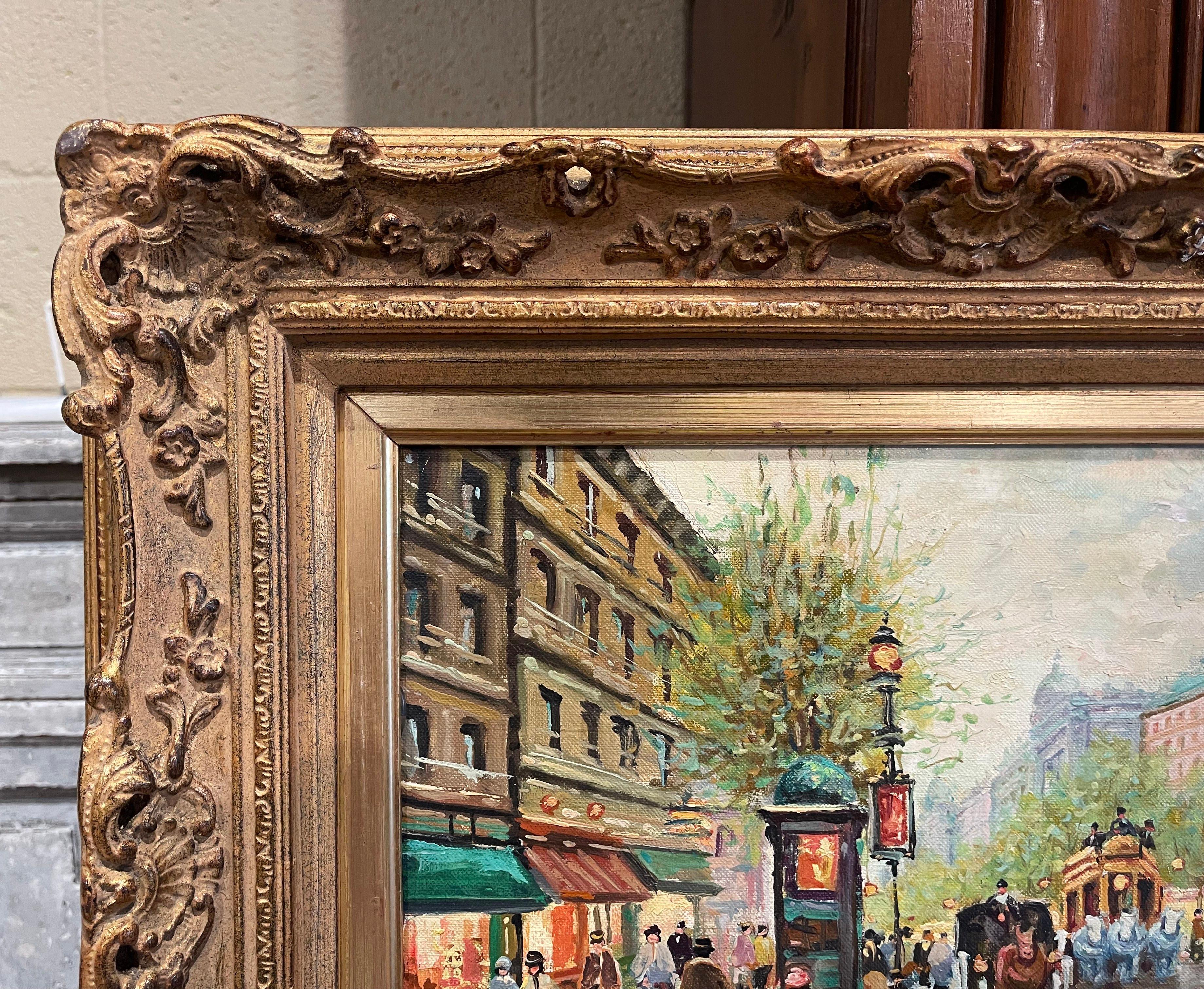 Peinture à l'huile de rue parisienne du milieu du siècle dernier dans un cadre sculpté et doré signé a. Marchall en vente 1