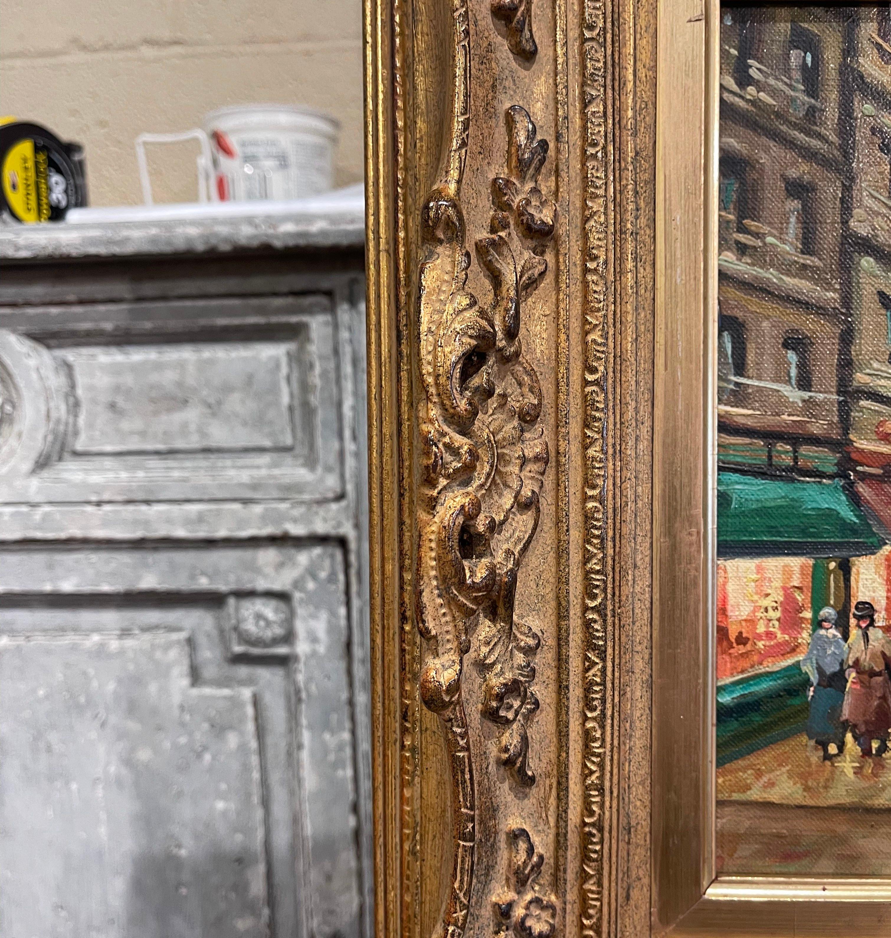 Peinture à l'huile de rue parisienne du milieu du siècle dernier dans un cadre sculpté et doré signé a. Marchall en vente 2