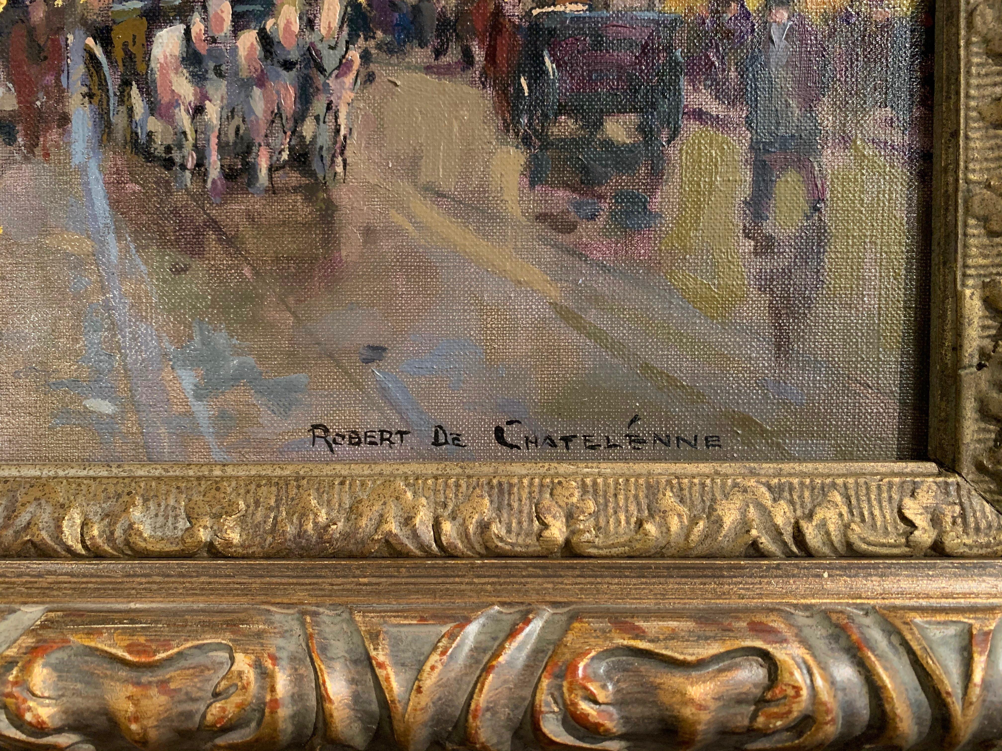 American Midcentury Parisian Street Oil Painting in Gilt Frame Signed R. de Chatelenne