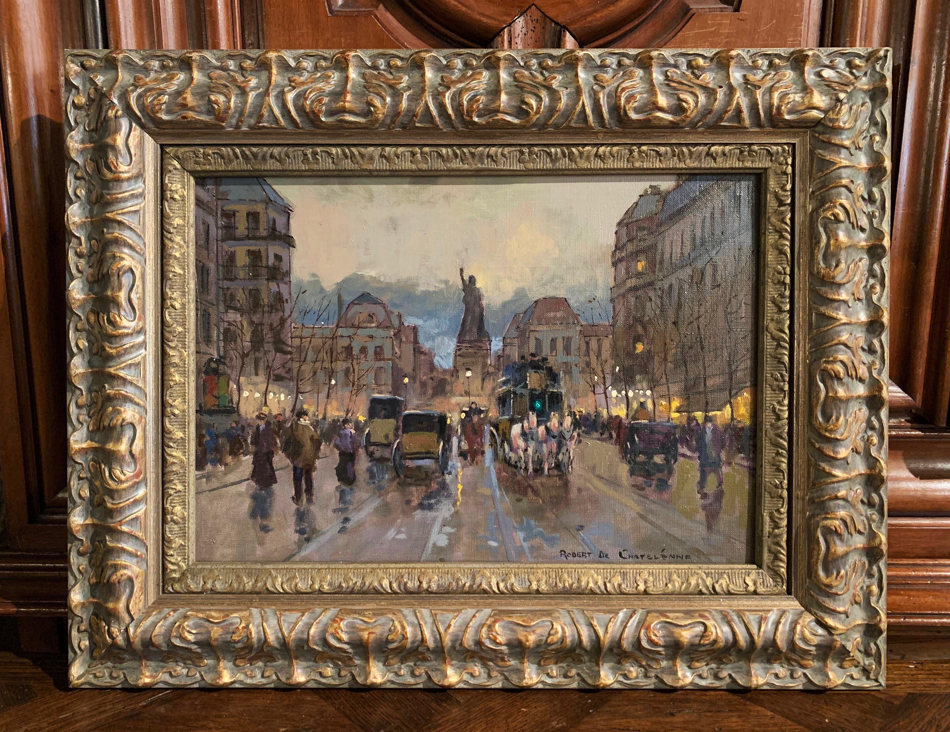 Carved Midcentury Parisian Street Oil Painting in Gilt Frame Signed R. de Chatelenne