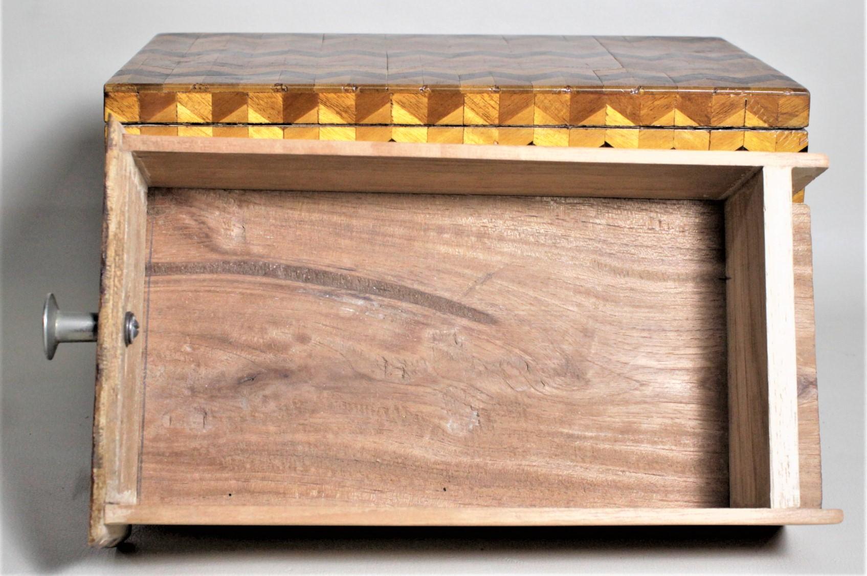 Wood Mid-Century Parquetry Decorative Jewelry Box with Side Drawer and Mirror For Sale