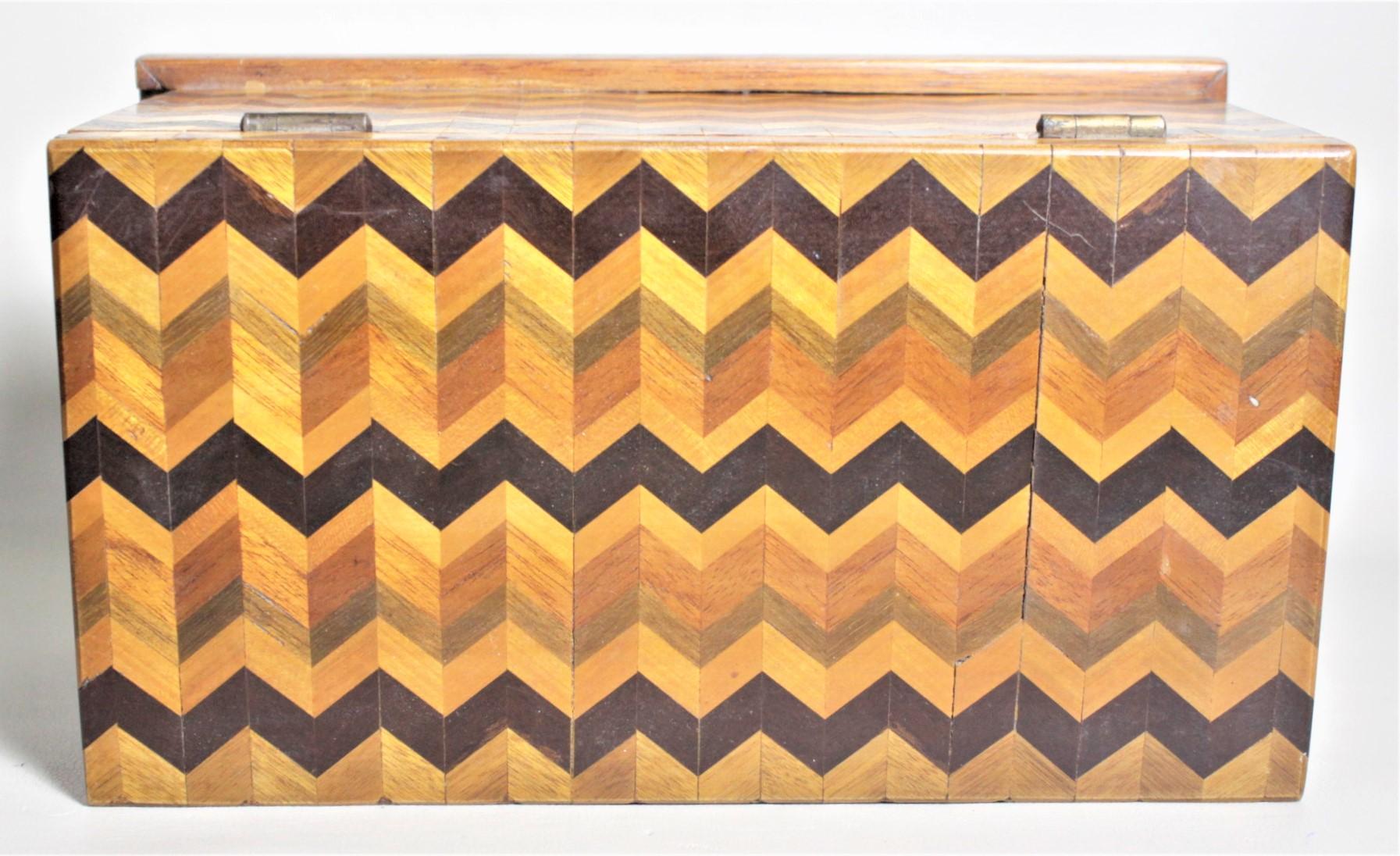 American Mid-Century Parquetry Decorative Jewelry Box with Side Drawer and Mirror For Sale