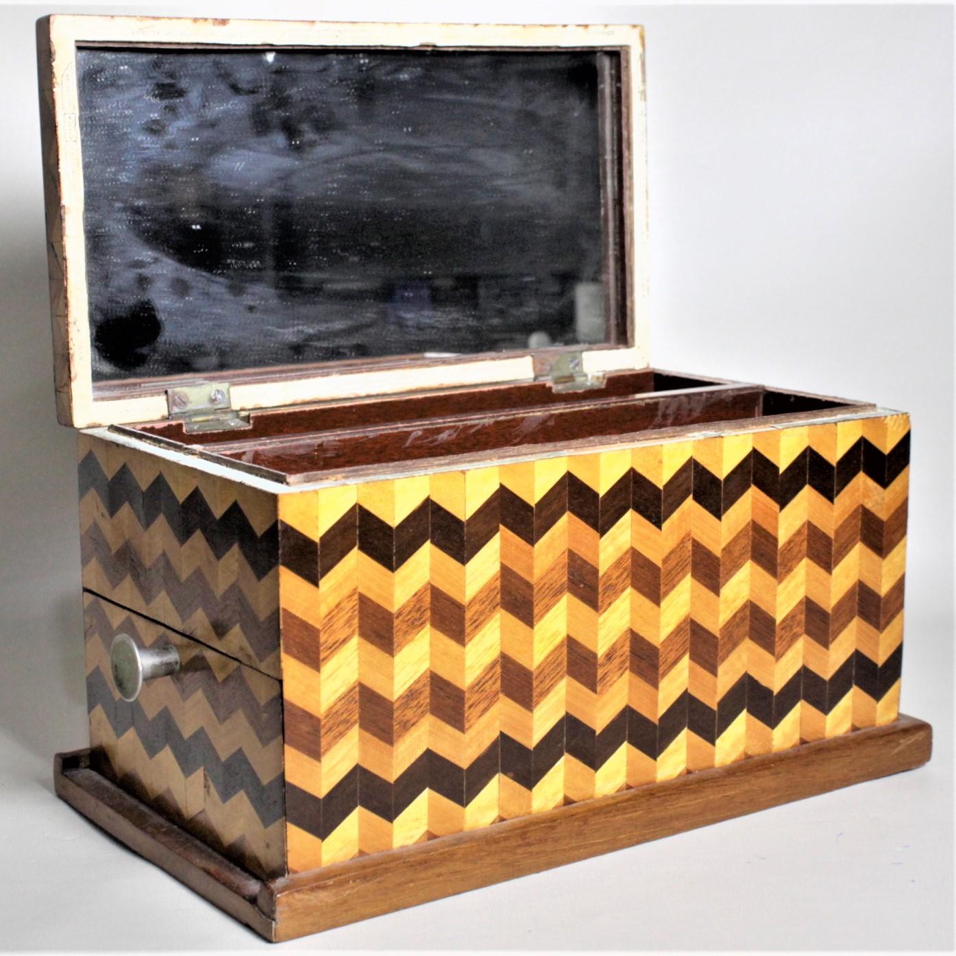 Hand-Crafted Mid-Century Parquetry Decorative Jewelry Box with Side Drawer and Mirror For Sale
