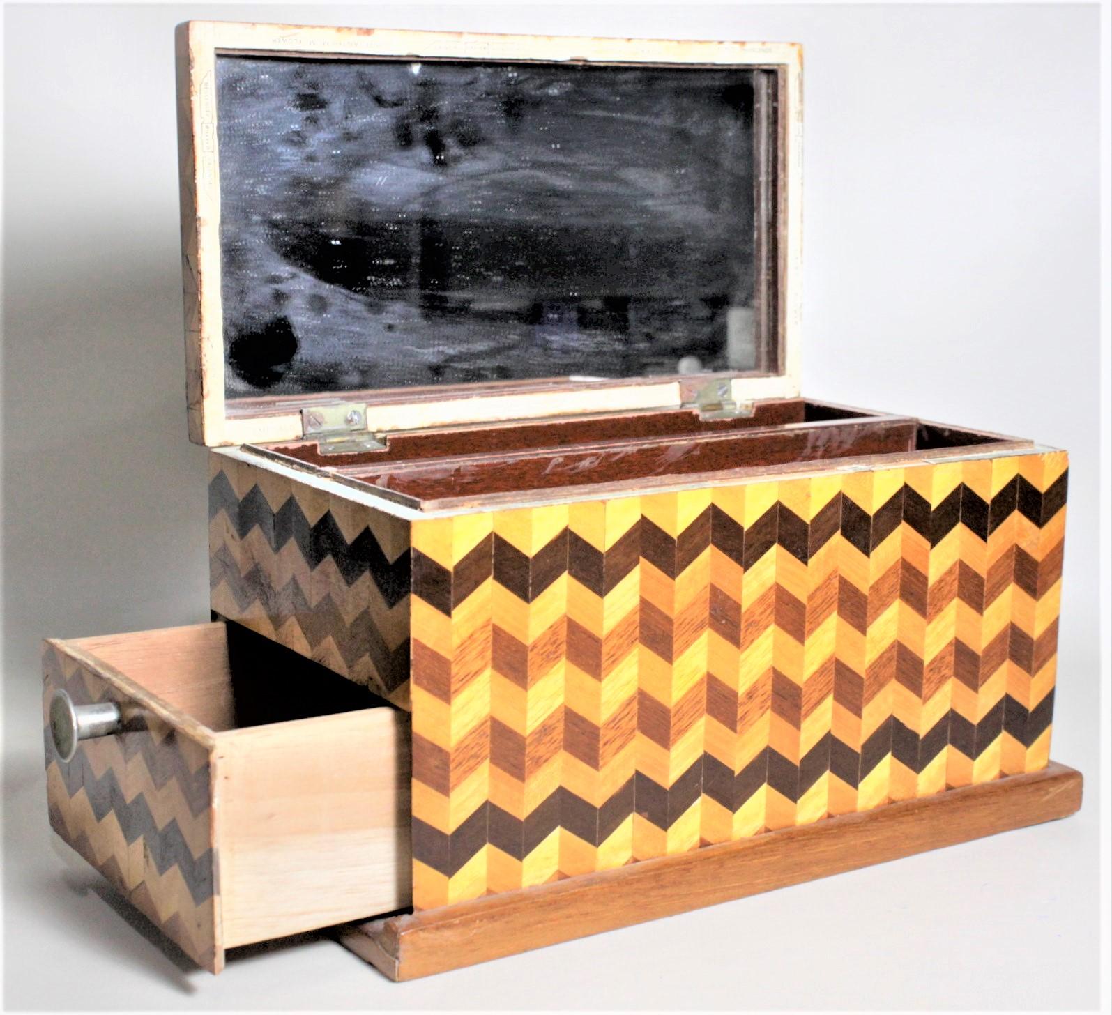 Mid-Century Parquetry Decorative Jewelry Box with Side Drawer and Mirror In Good Condition For Sale In Hamilton, Ontario