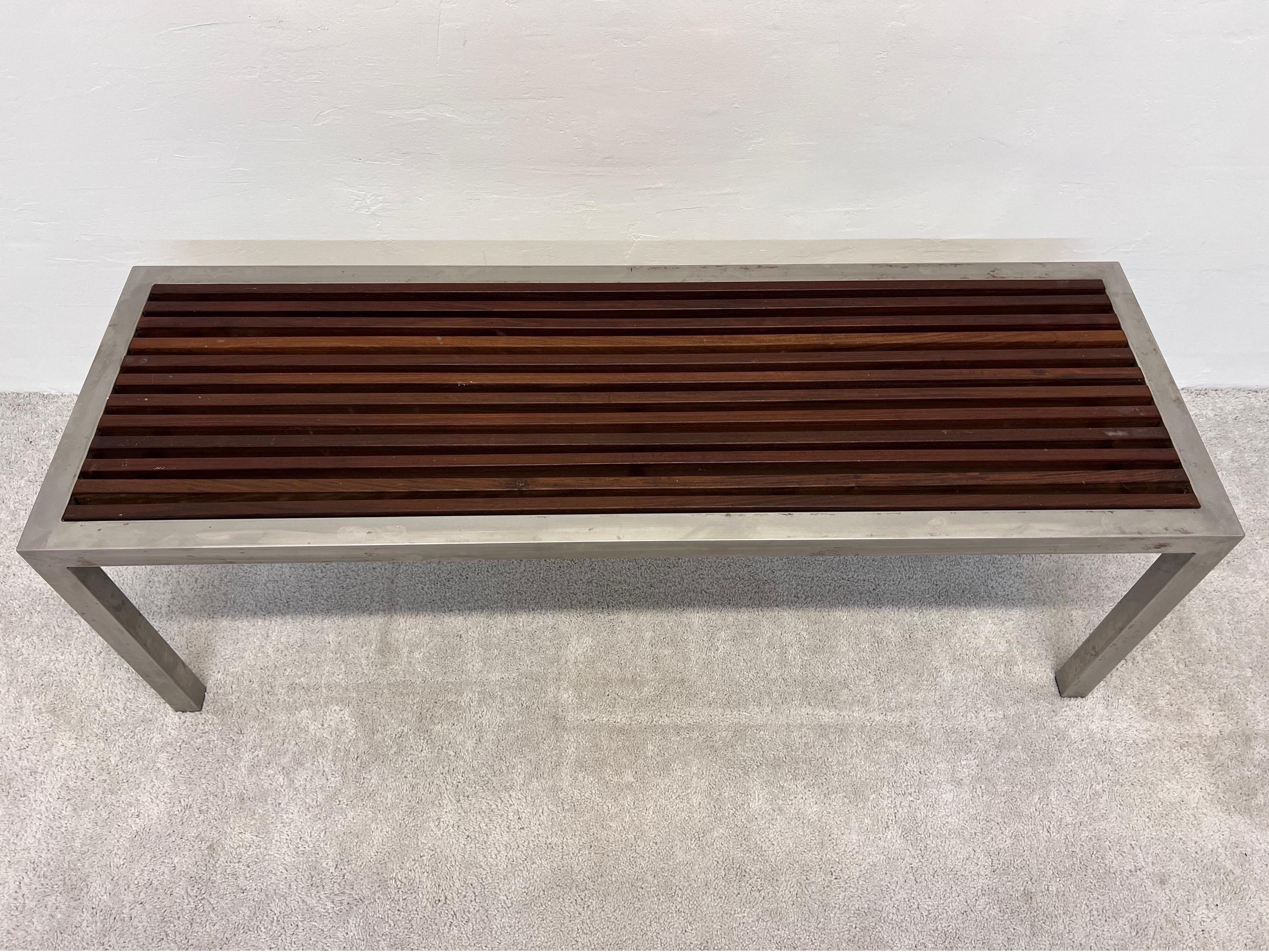 Mid-Century Parsons Style Teak Slat and Steel Indoor or Outdoor Bench For Sale 4