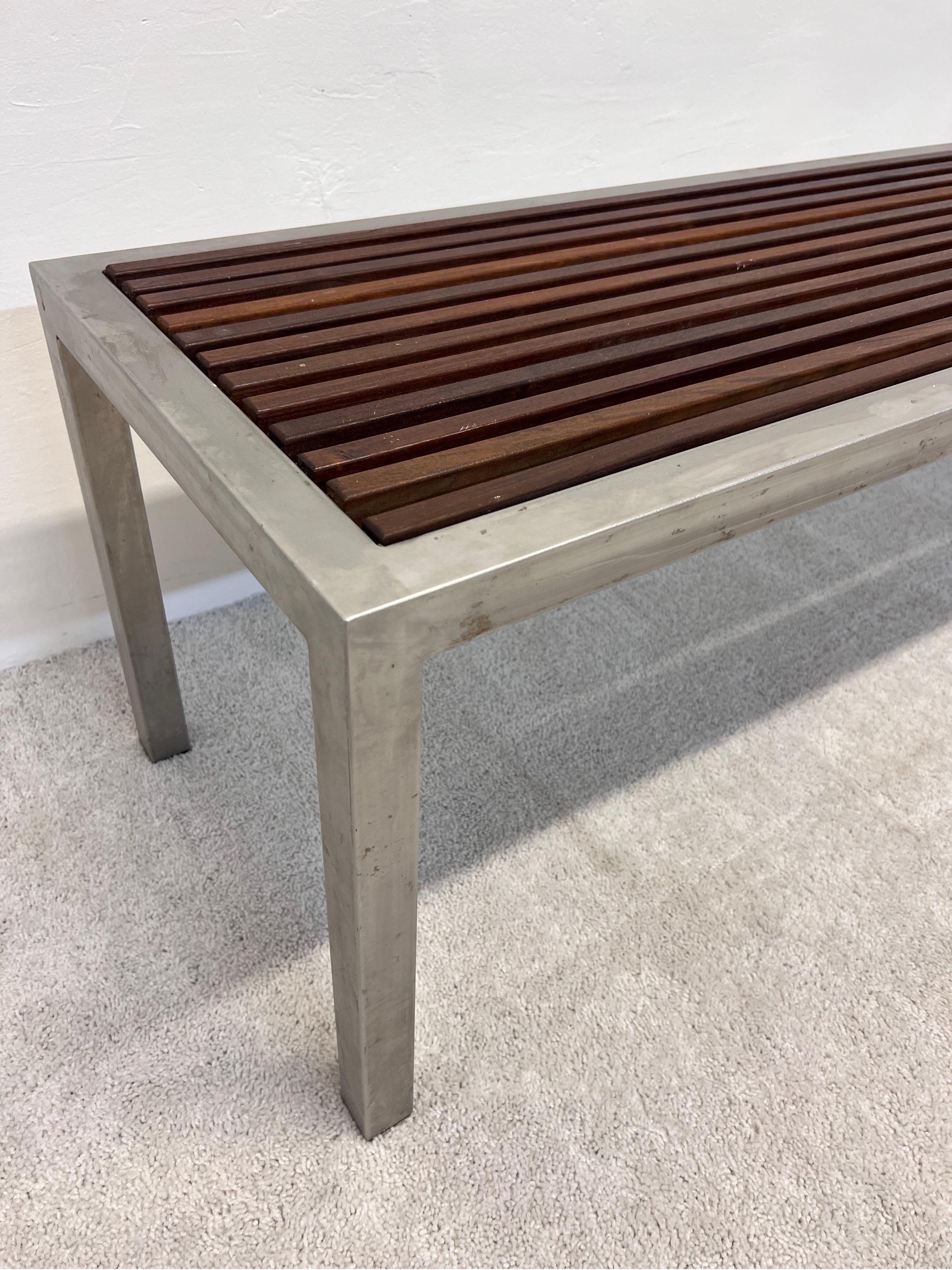 Mid-Century Parsons Style Teak Slat and Steel Indoor or Outdoor Bench For Sale 5
