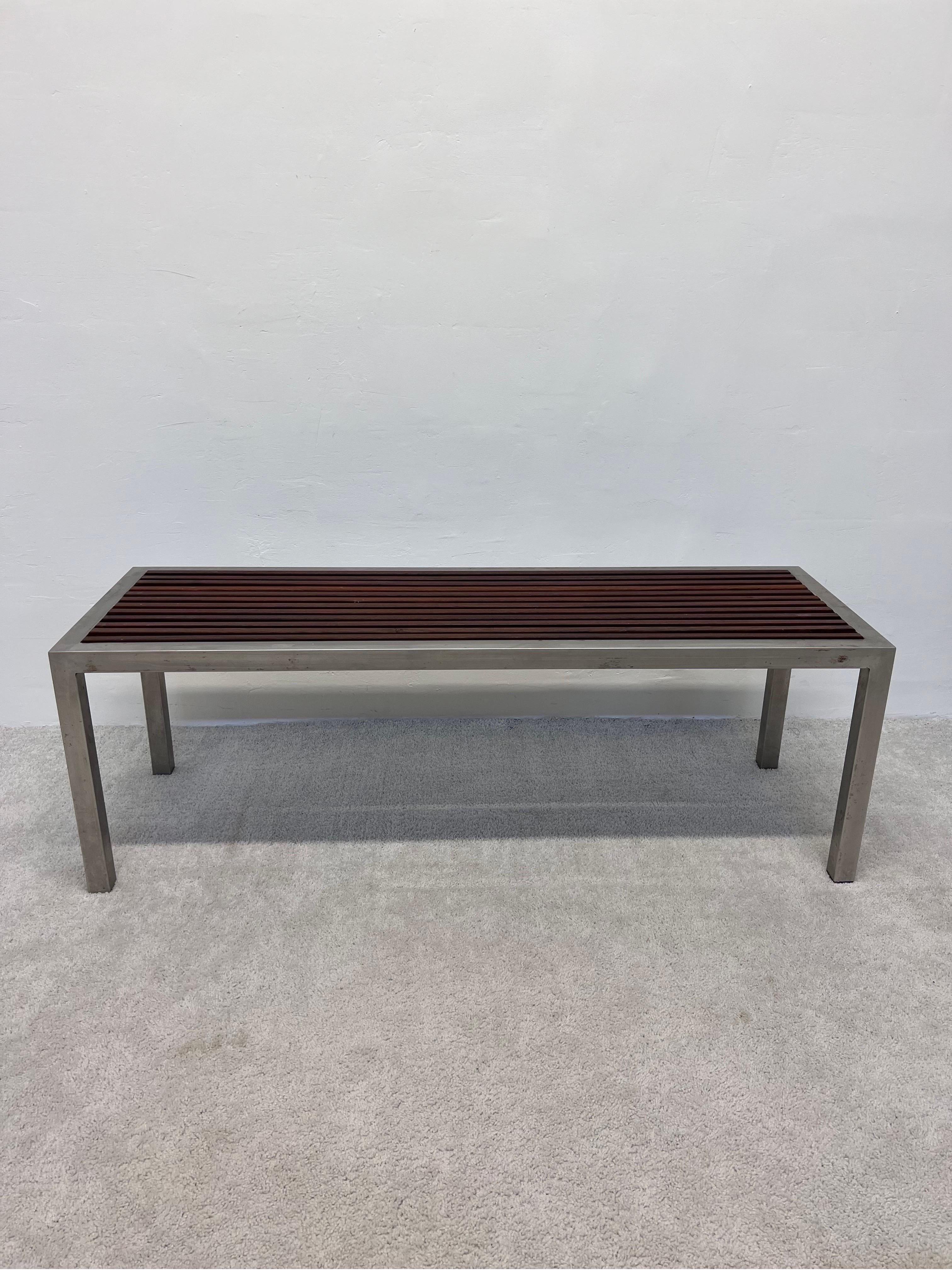 Steel frame bench with teak slats in the Parsons style, 1970s.
