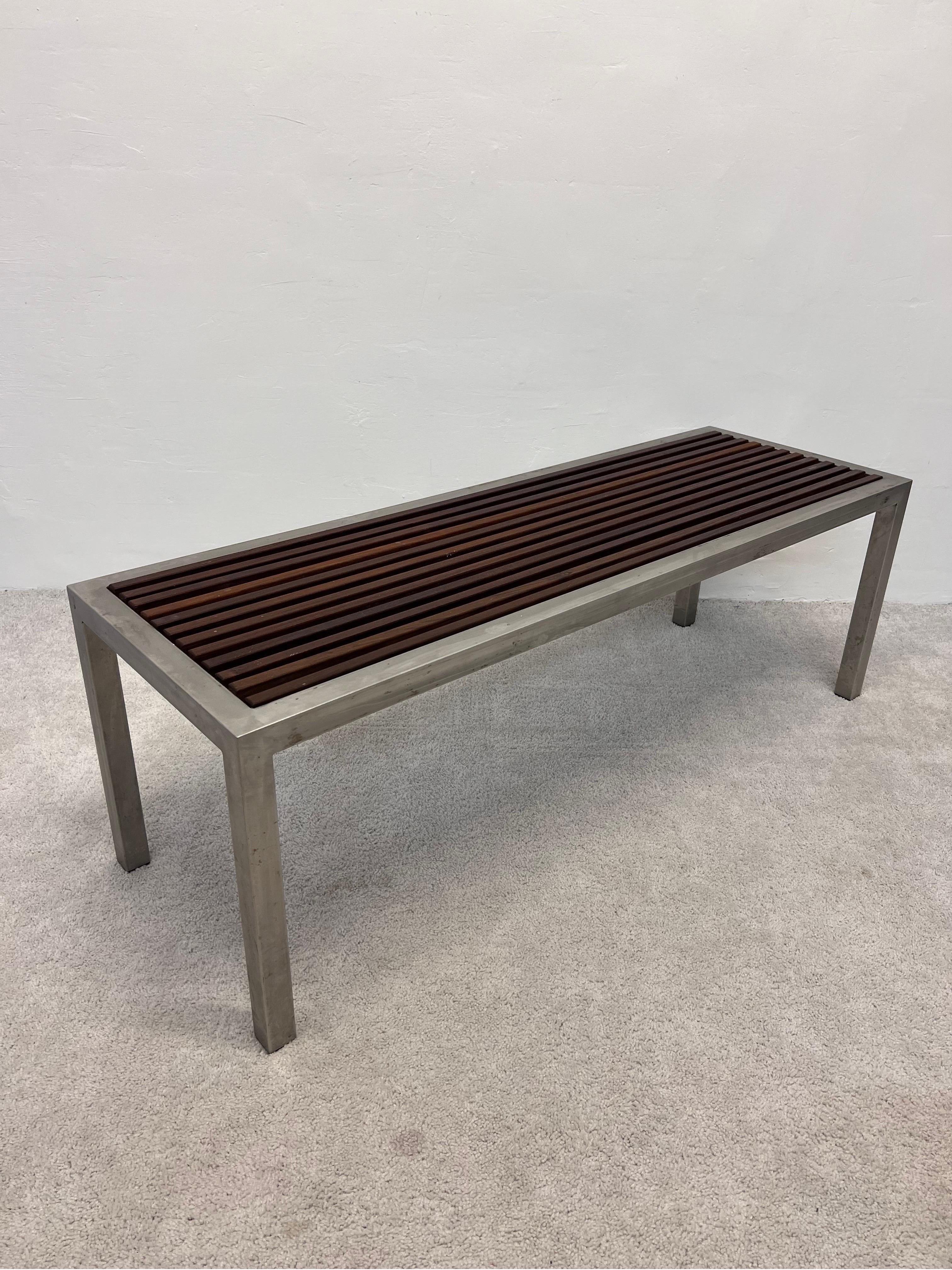 Mid-Century Modern Mid-Century Parsons Style Teak Slat and Steel Indoor or Outdoor Bench For Sale