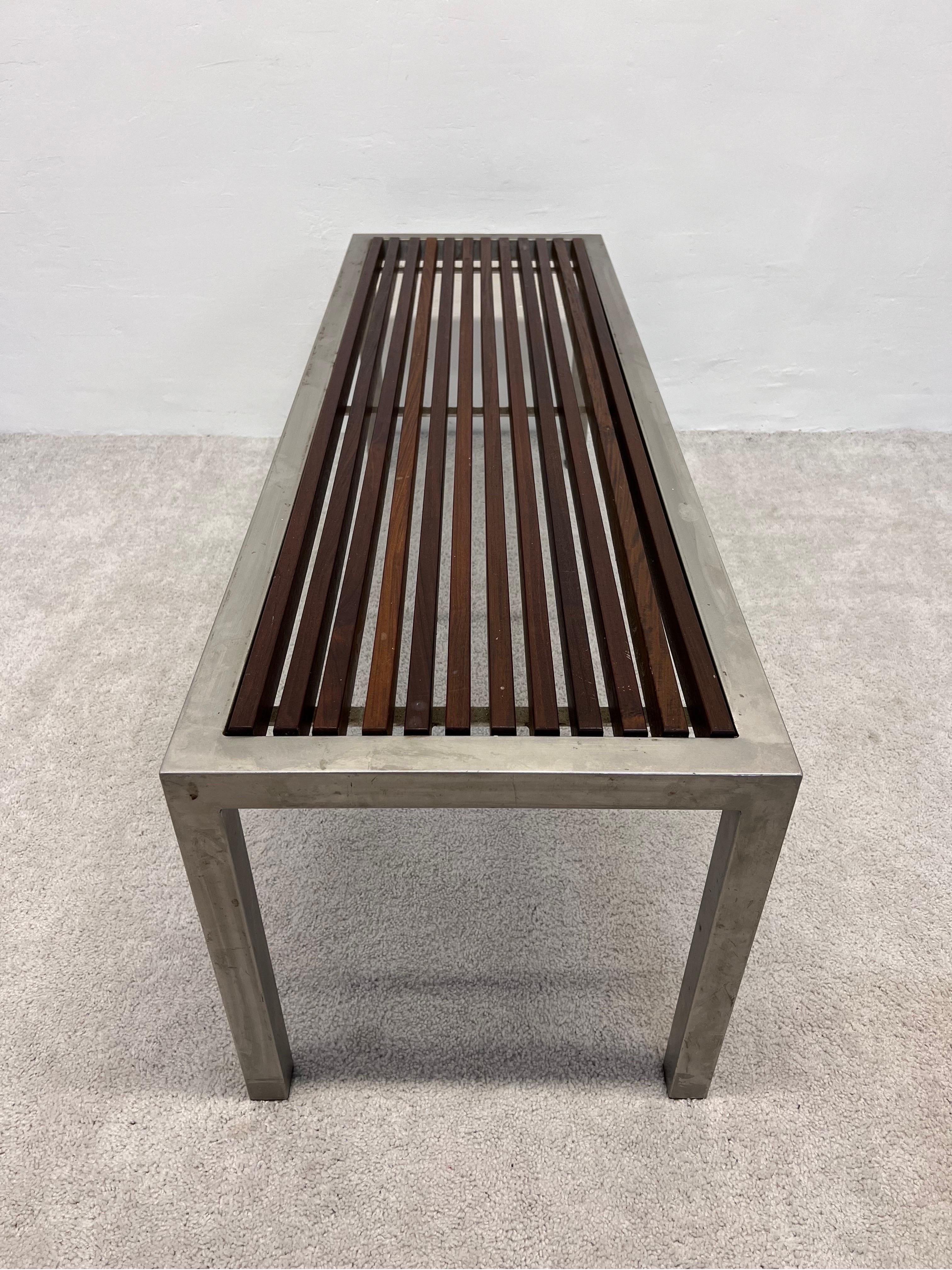 Unknown Mid-Century Parsons Style Teak Slat and Steel Indoor or Outdoor Bench For Sale