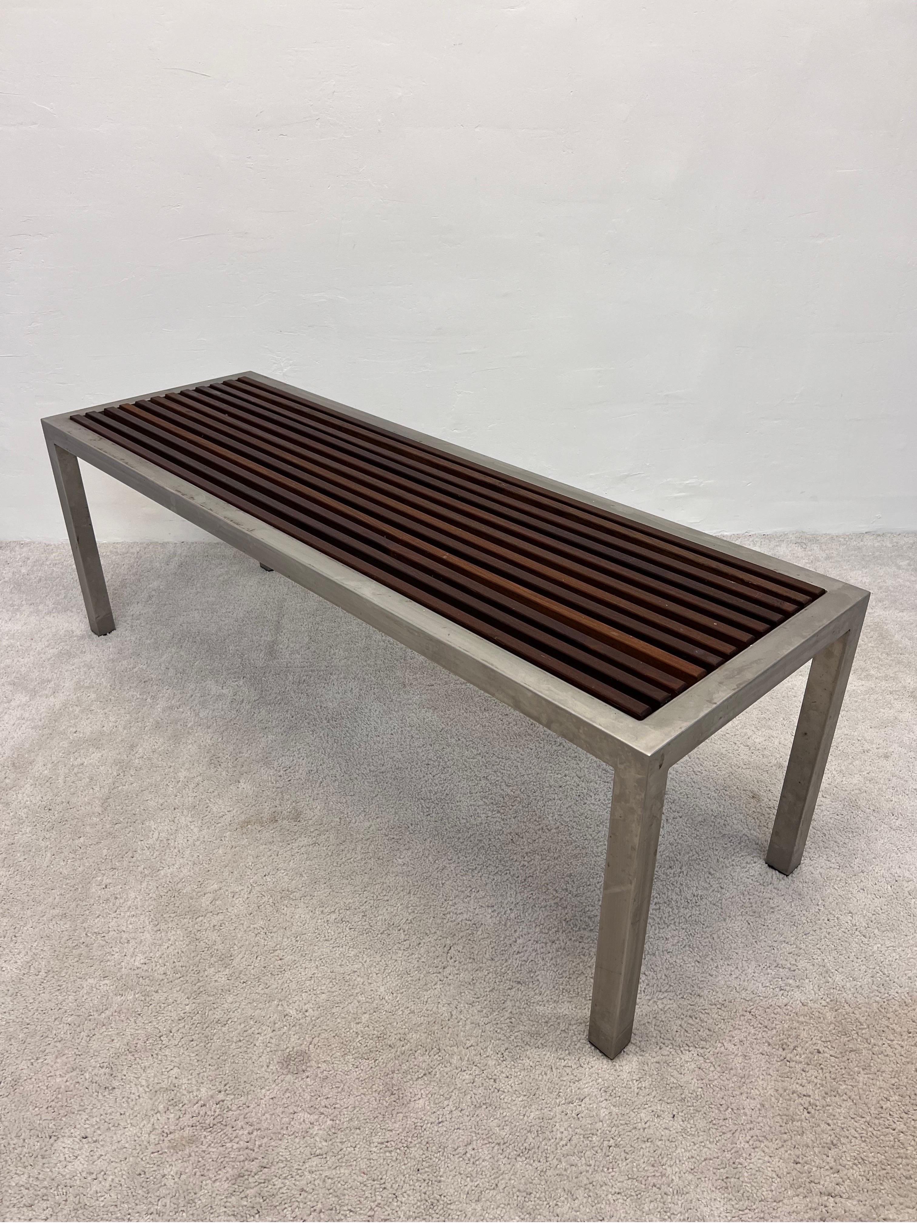 Mid-Century Parsons Style Teak Slat and Steel Indoor or Outdoor Bench In Good Condition For Sale In Miami, FL