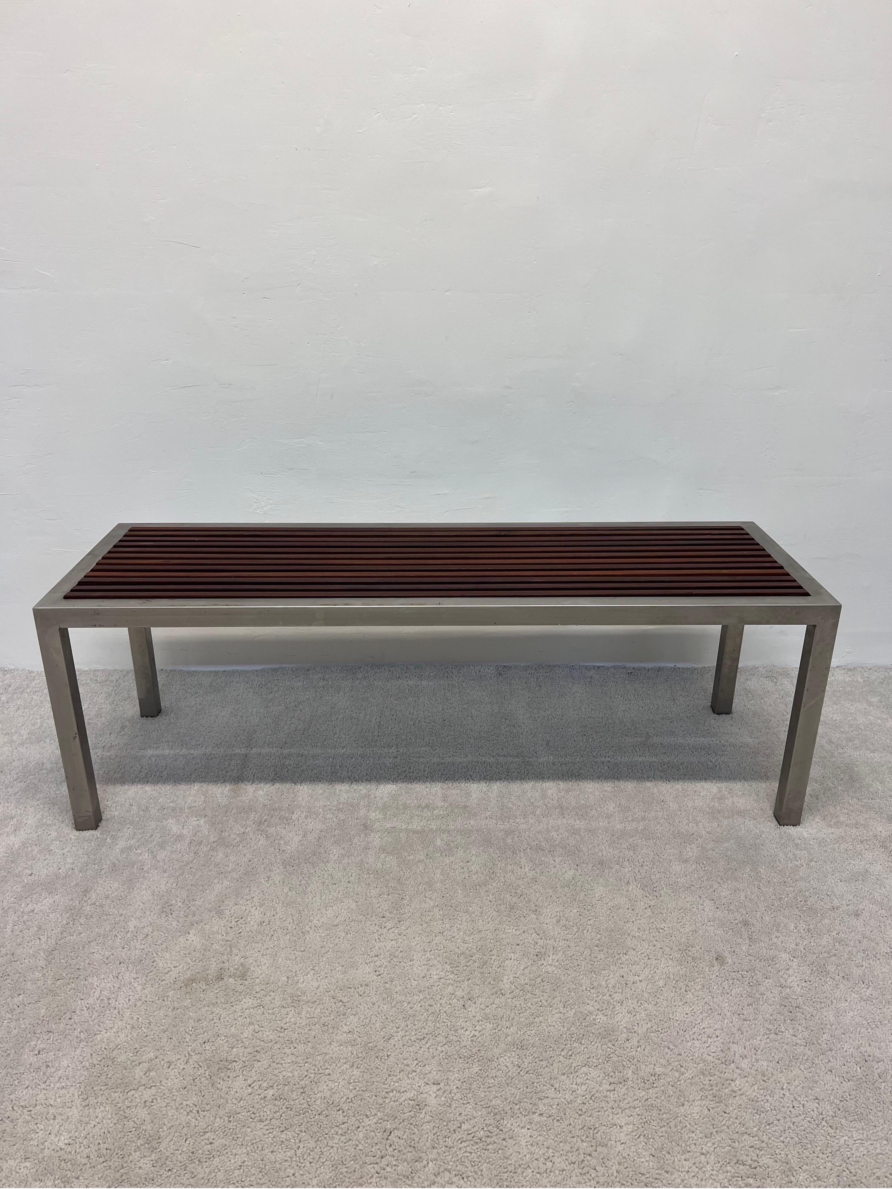 20th Century Mid-Century Parsons Style Teak Slat and Steel Indoor or Outdoor Bench For Sale