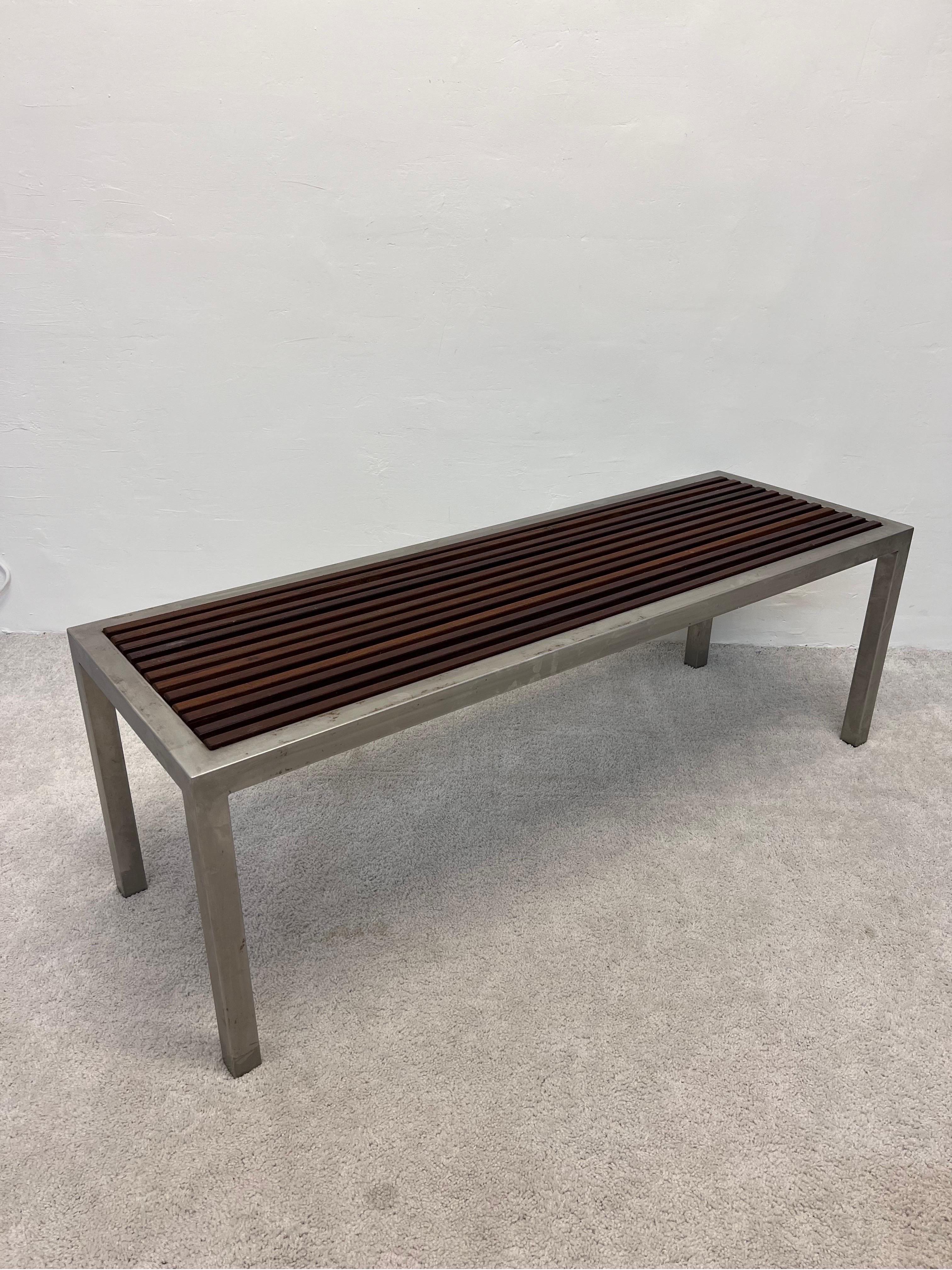 Mid-Century Parsons Style Teak Slat and Steel Indoor or Outdoor Bench For Sale 1