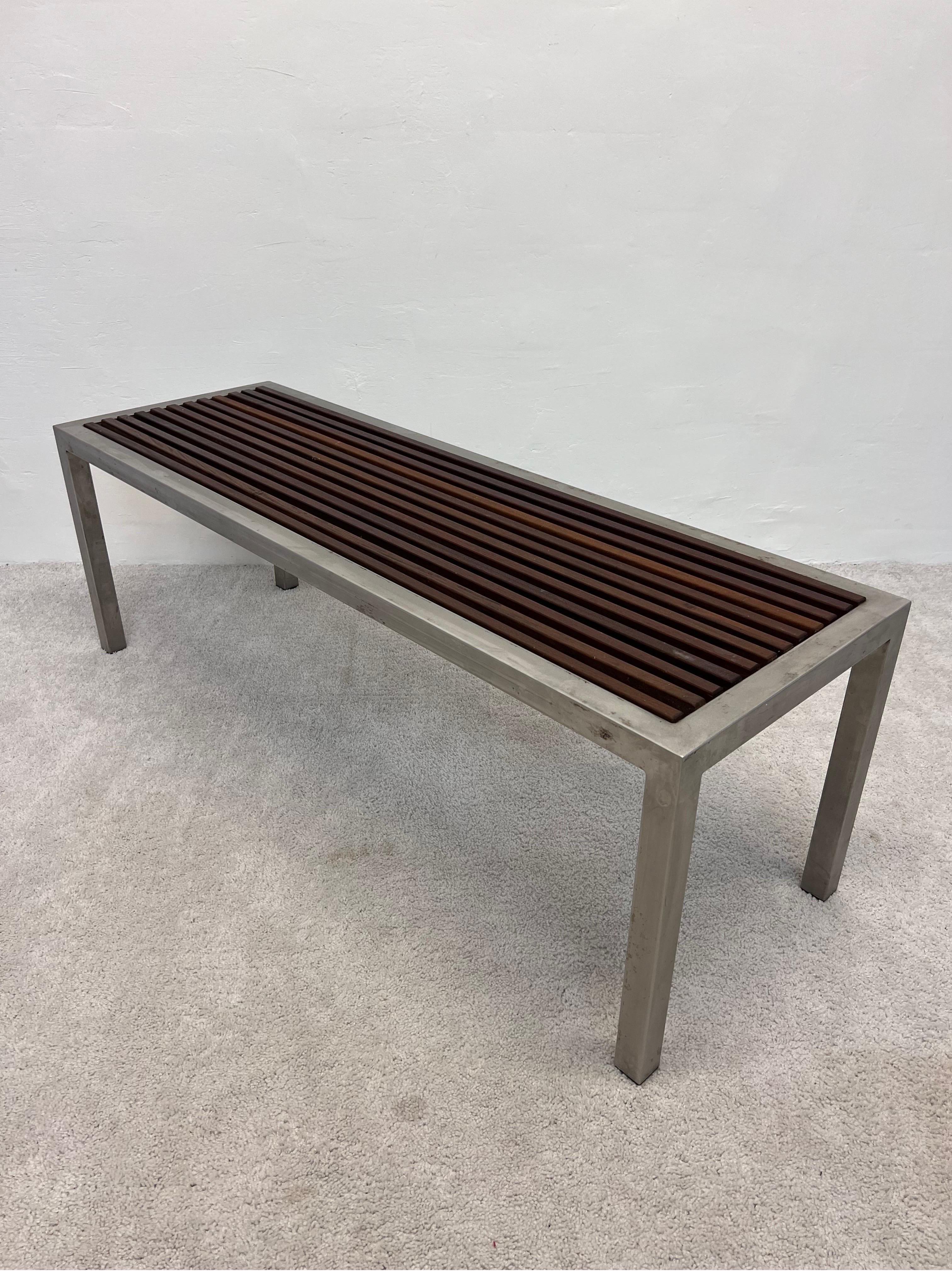 Mid-Century Parsons Style Teak Slat and Steel Indoor or Outdoor Bench For Sale 3