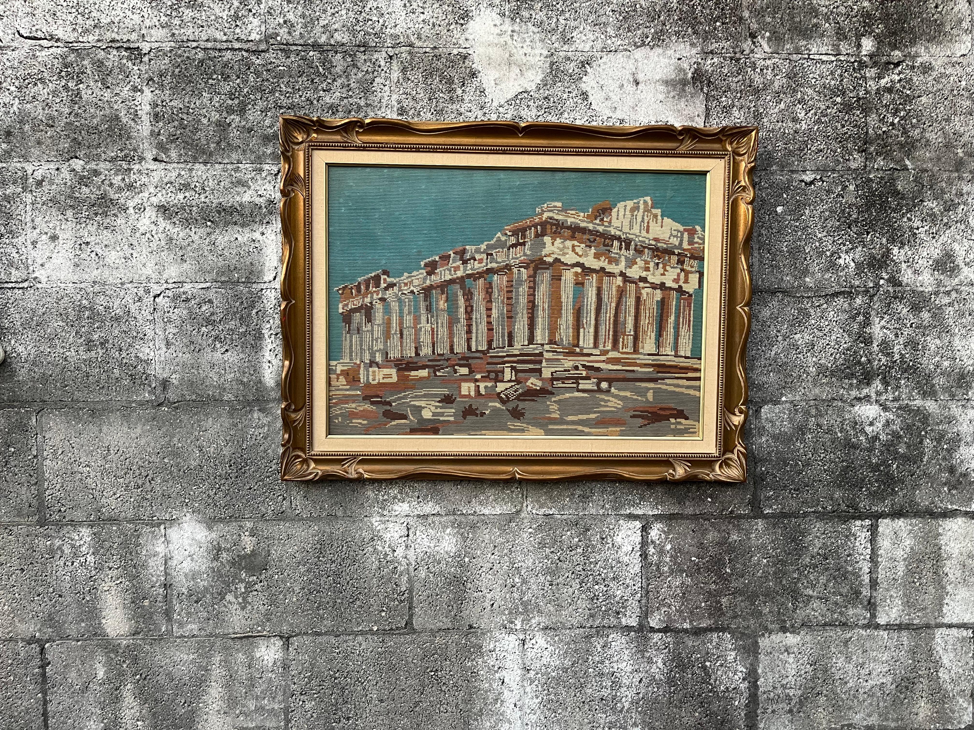 Mid-Century Modern Parthénon d'Athènes, art mural encadré en textile à l'aiguille. Circa 1960s en vente