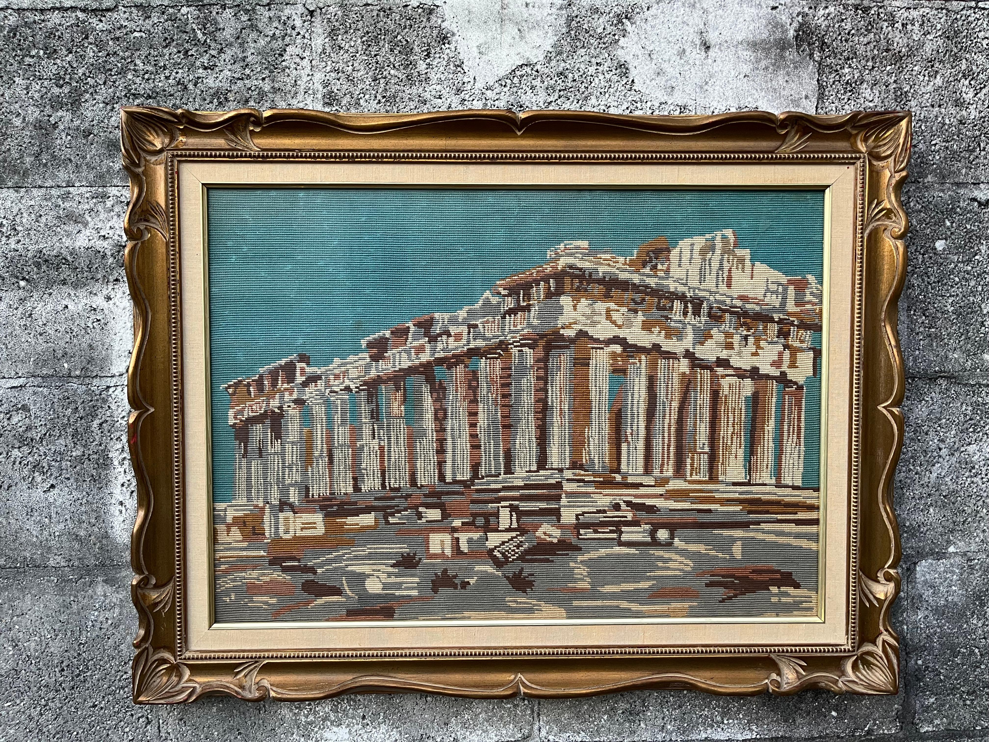 Américain Parthénon d'Athènes, art mural encadré en textile à l'aiguille. Circa 1960s en vente