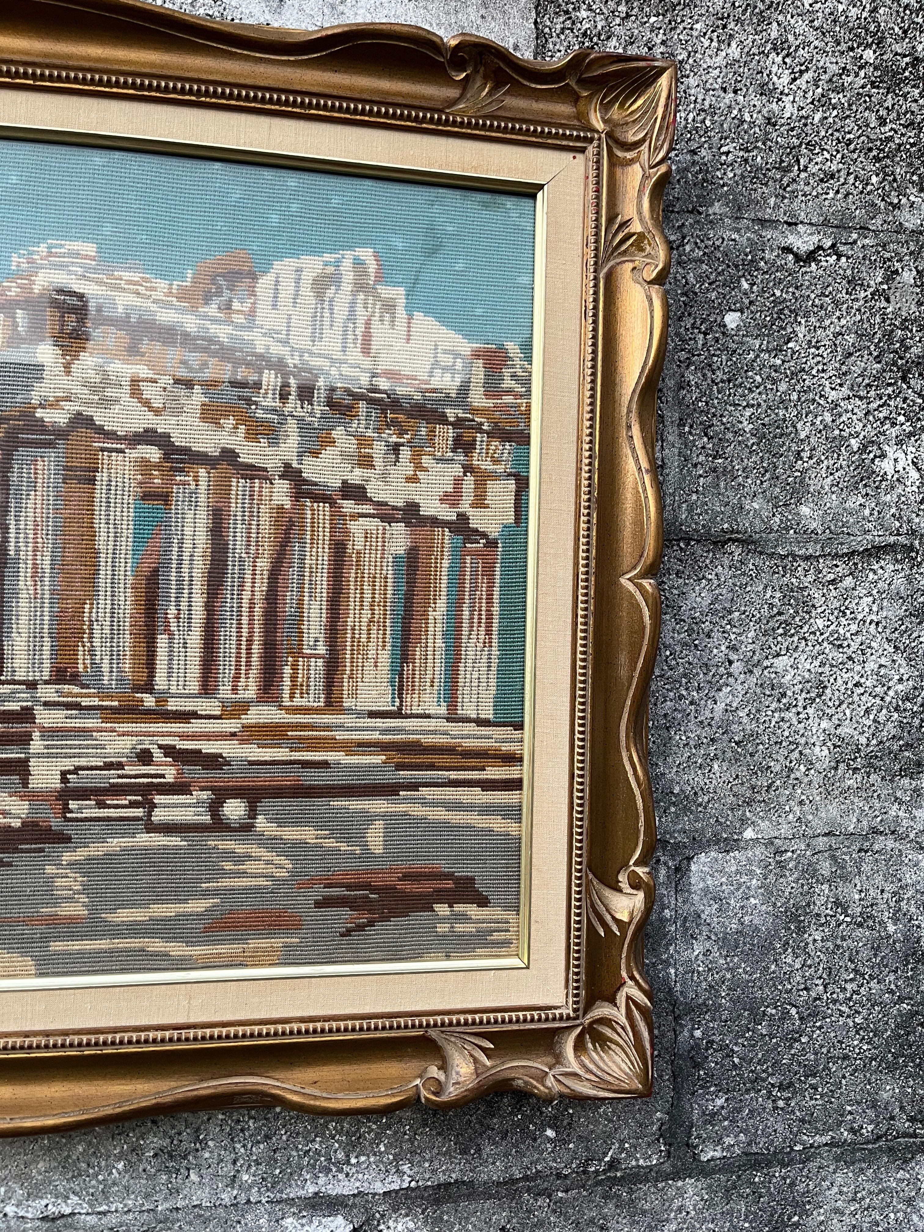 Tapisserie à l'aiguille Parthénon d'Athènes, art mural encadré en textile à l'aiguille. Circa 1960s en vente