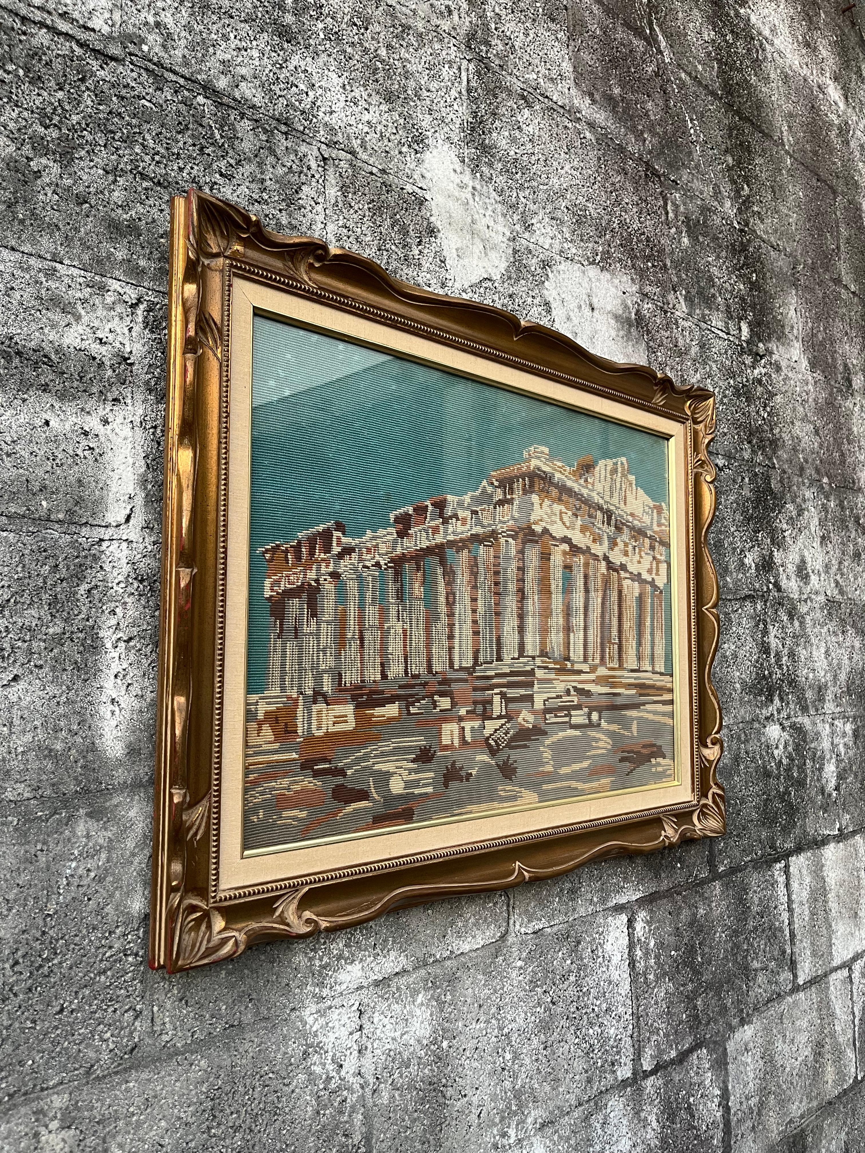 Textile Parthénon d'Athènes, art mural encadré en textile à l'aiguille. Circa 1960s en vente