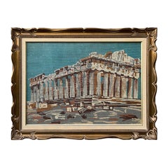 Mid-Century Parthenon Athens, Framed Needlepoint Textile Wall Art. Circa 1960s
