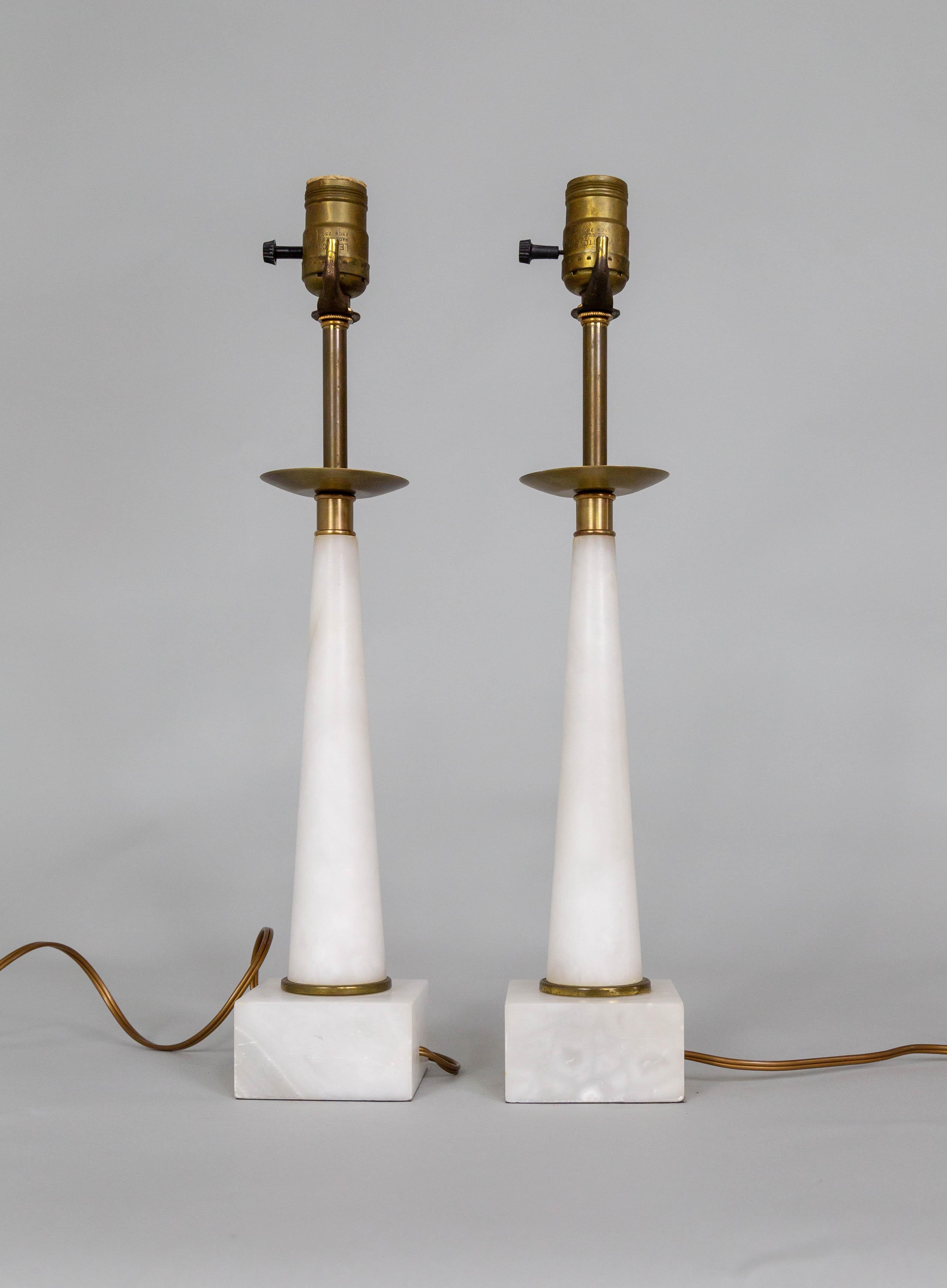 Mid-Century Parzinger Style Alabaster Table Lamps - Pair In Good Condition For Sale In San Francisco, CA