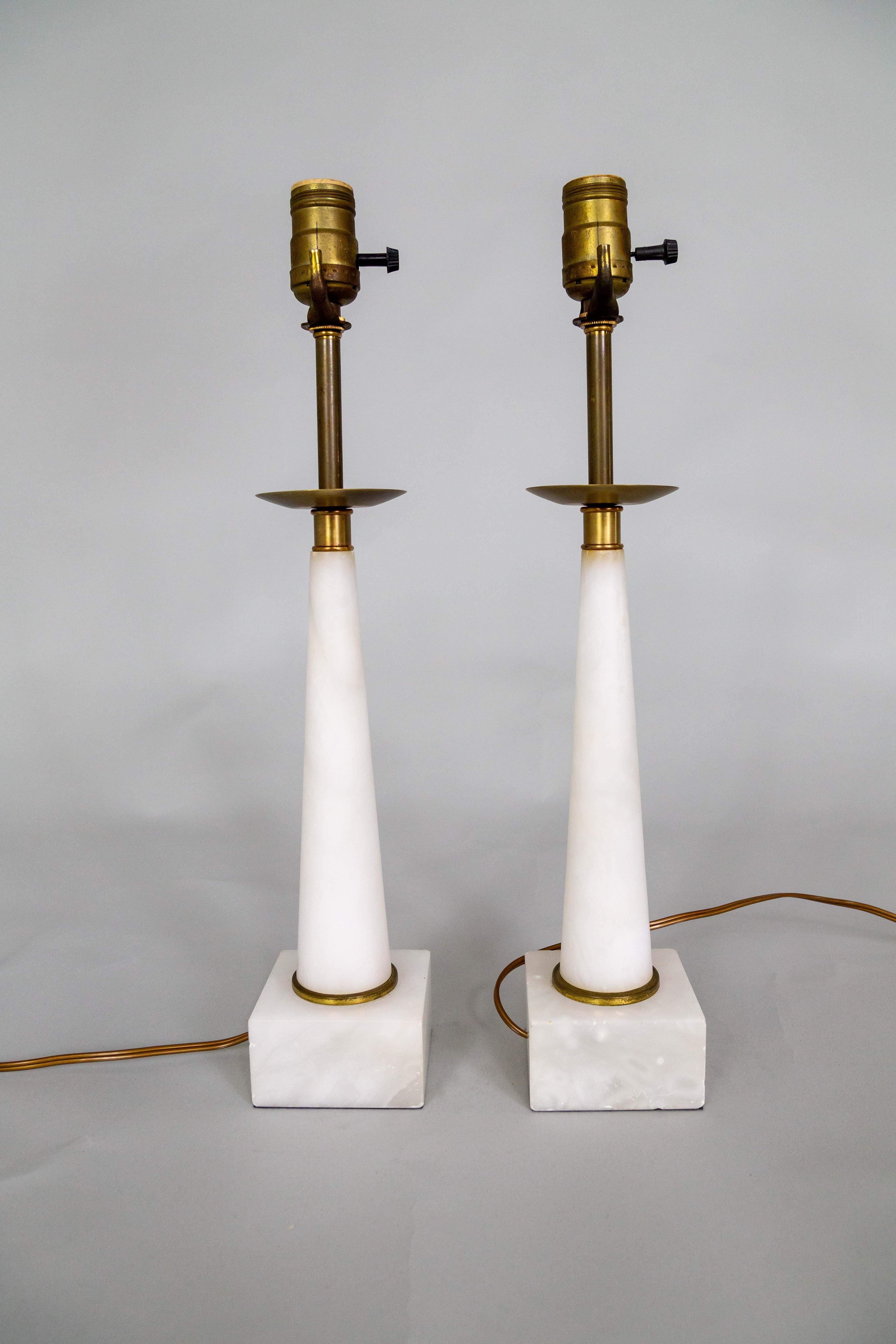 Brass Mid-Century Parzinger Style Alabaster Table Lamps - Pair For Sale