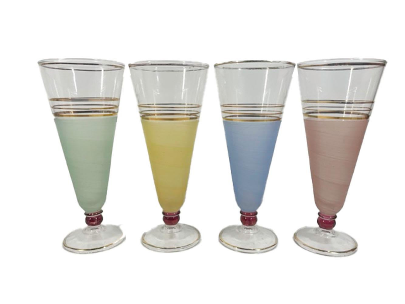 Mid-Century Modern Mid-Century Pastel Frosted Pilsner Glasses with 22 Karat Gold Lines and Rims