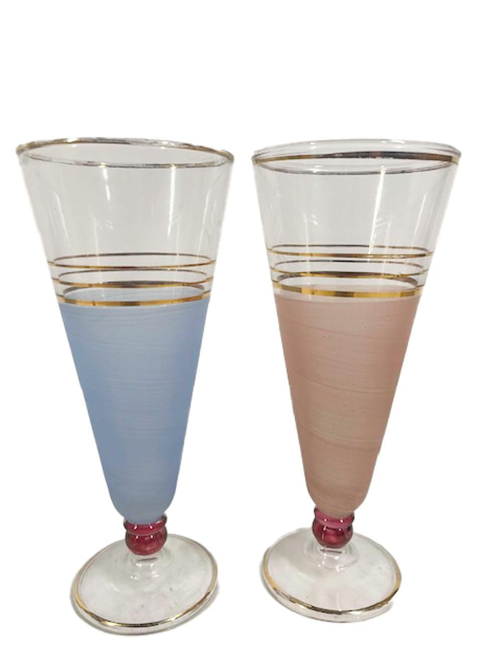 American Mid-Century Pastel Frosted Pilsner Glasses with 22 Karat Gold Lines and Rims