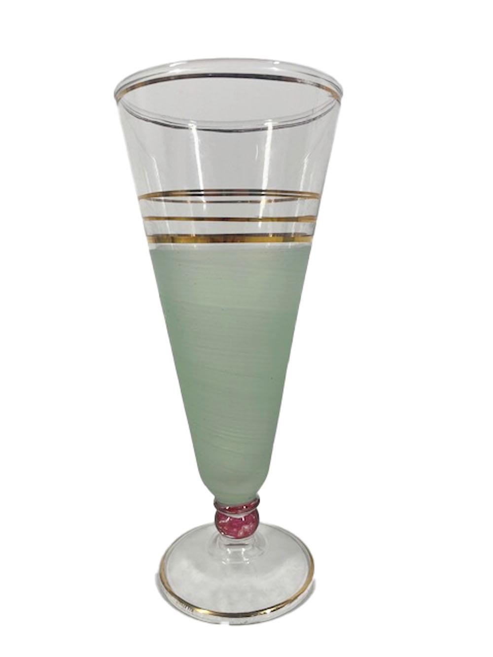 Mid-Century Pastel Frosted Pilsner Glasses with 22 Karat Gold Lines and Rims In Good Condition In Nantucket, MA