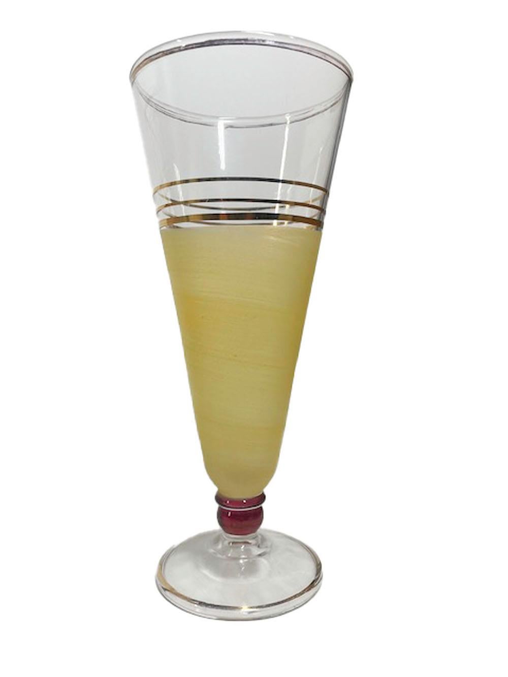 20th Century Mid-Century Pastel Frosted Pilsner Glasses with 22 Karat Gold Lines and Rims