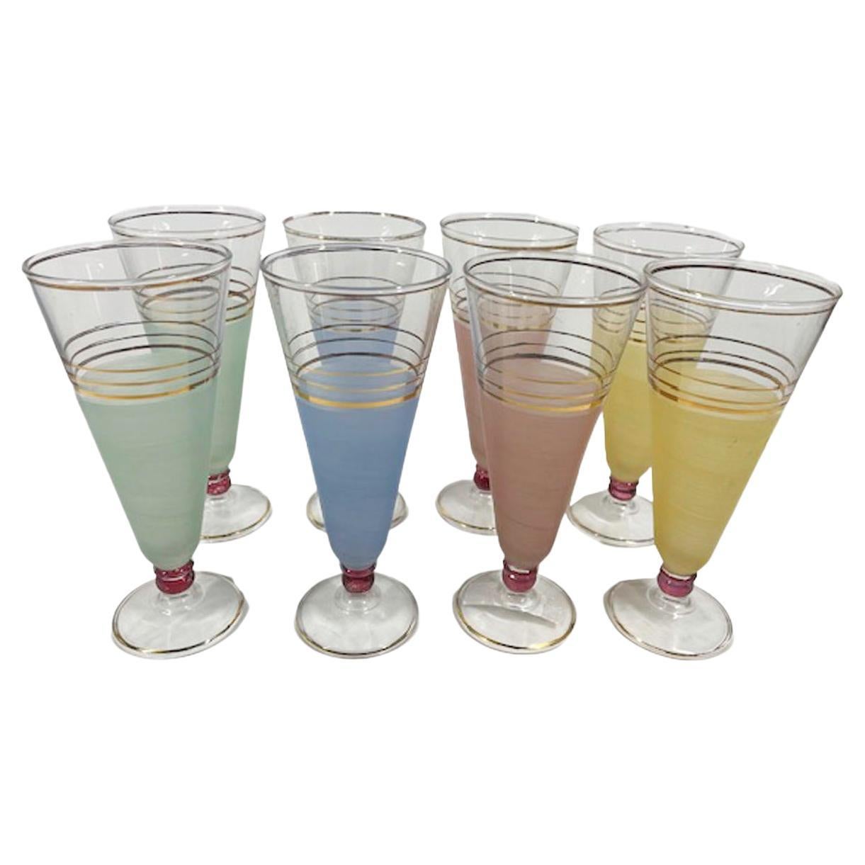 Mid-Century Pastel Frosted Pilsner Glasses with 22 Karat Gold Lines and Rims