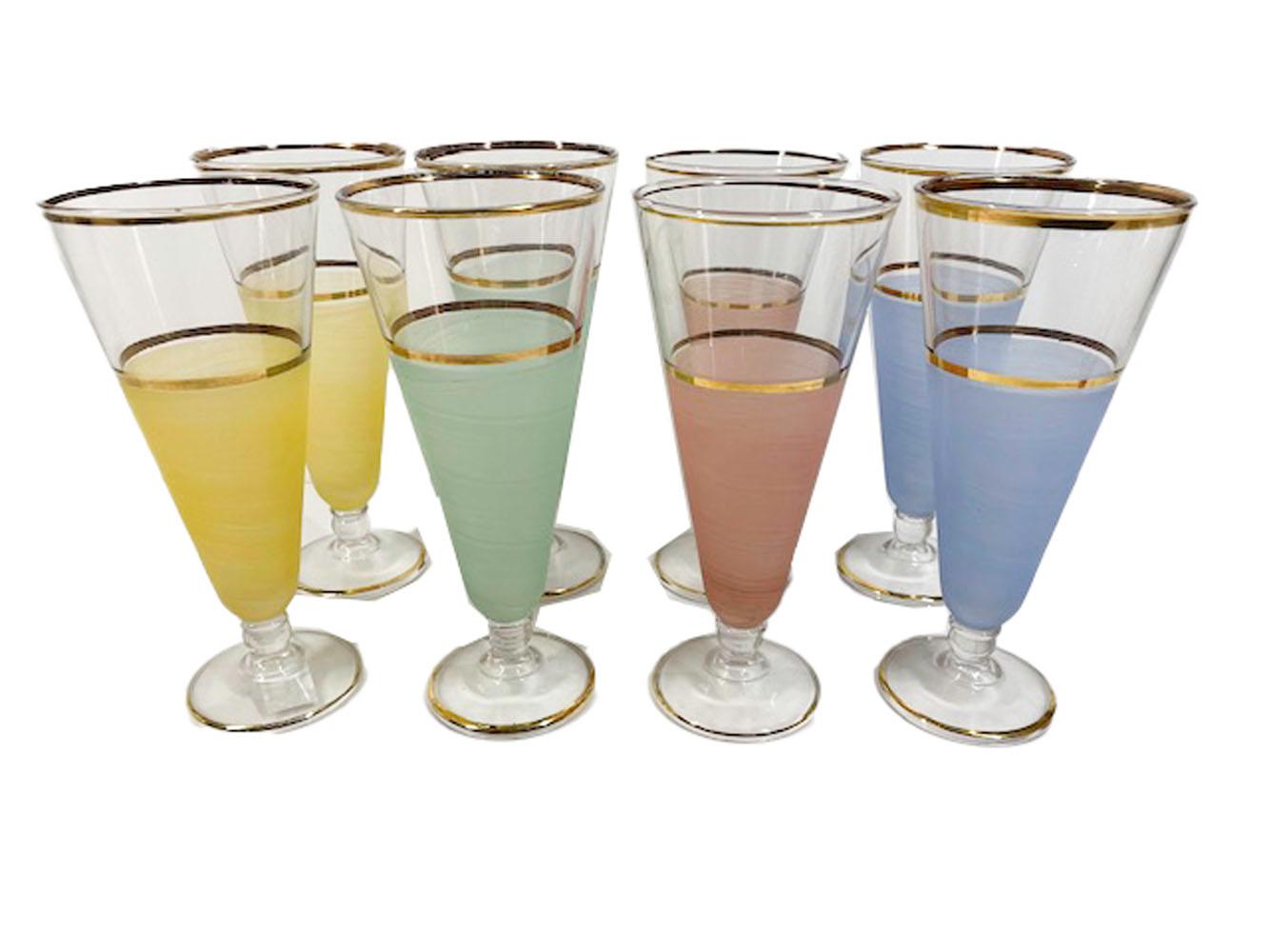 Mid-Century Modern Mid-Century Pastel Frosted Pilsner Glasses with 22 Karat Gold Rims For Sale
