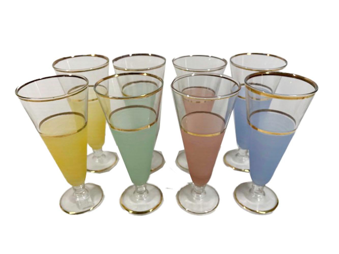 American Mid-Century Pastel Frosted Pilsner Glasses with 22 Karat Gold Rims For Sale
