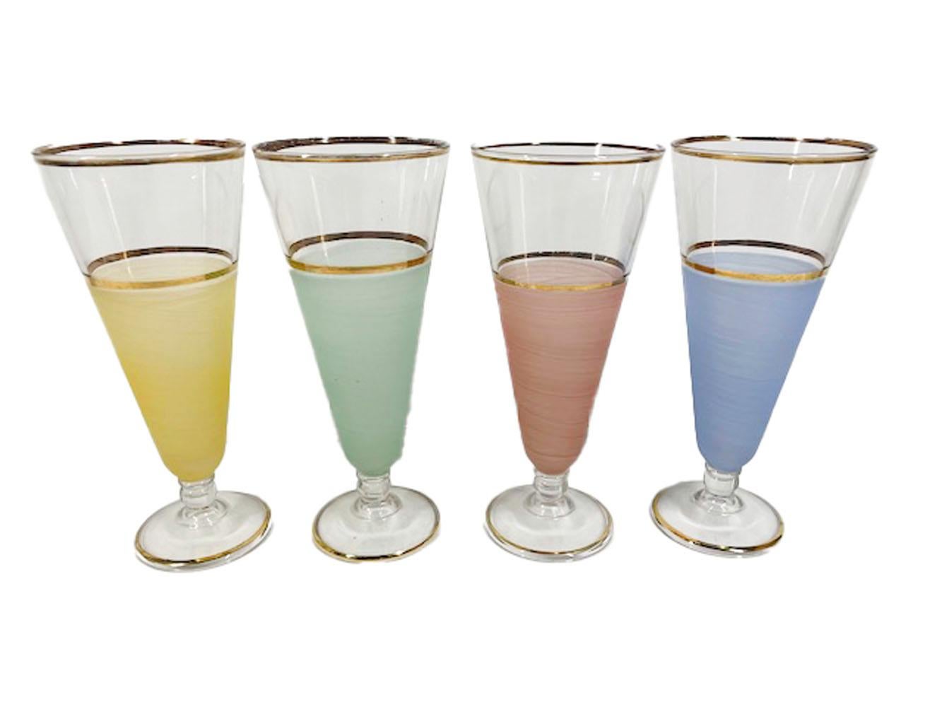 Mid-Century Pastel Frosted Pilsner Glasses with 22 Karat Gold Rims In Good Condition For Sale In Nantucket, MA