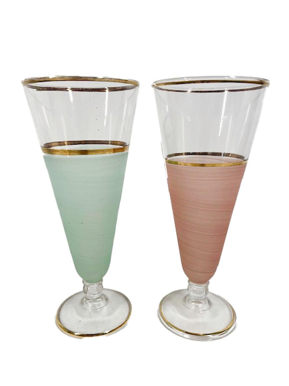 20th Century Mid-Century Pastel Frosted Pilsner Glasses with 22 Karat Gold Rims For Sale